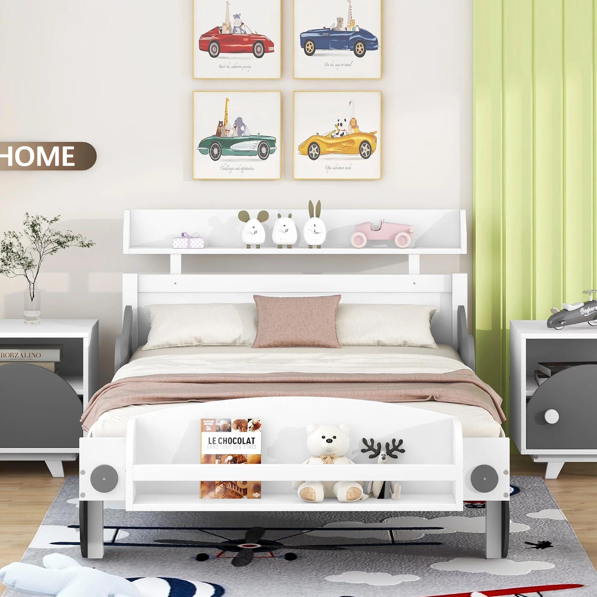 CoSoTower Twin Size Car-Shaped Platform Bed, Twin Bed with Storage Shelf for Bedroom, White