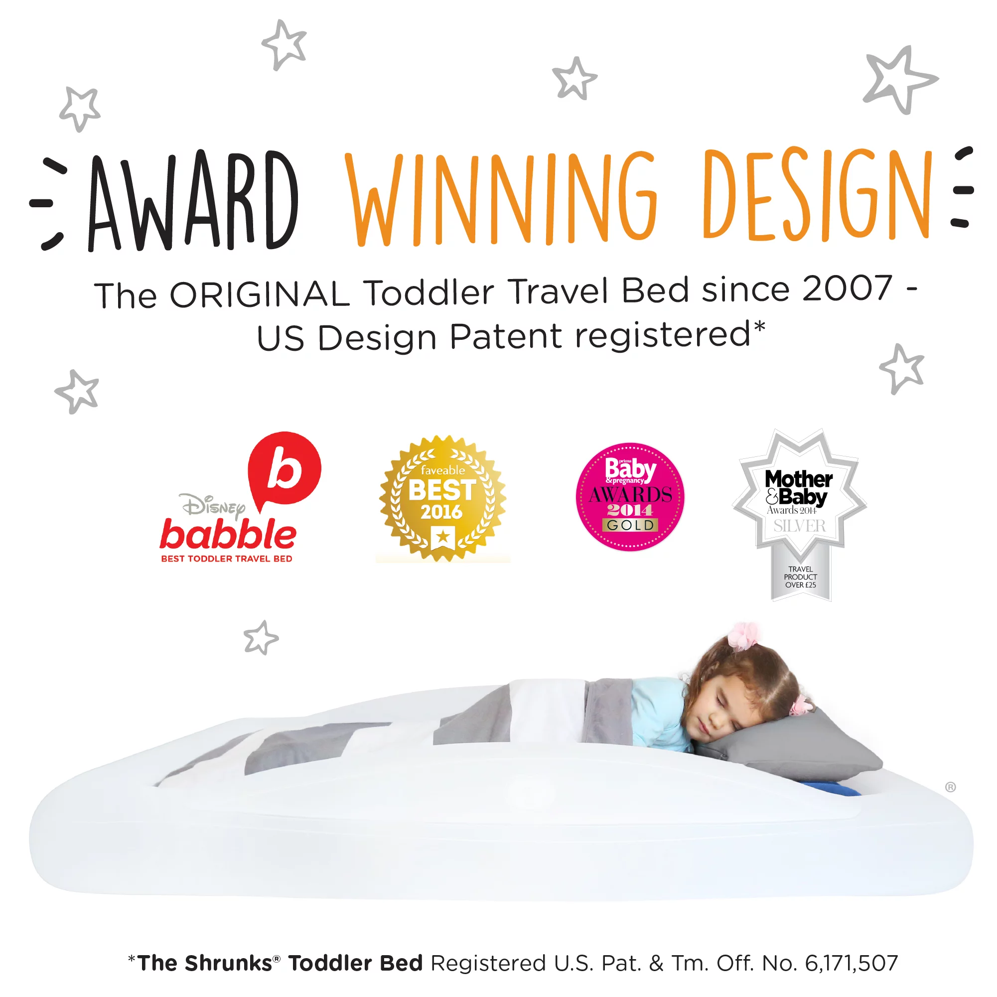 The Shrunks Toddler Travel Bed Portable Inflatable Air Mattress Blow Up Bed for Indoor/Outdoor Camping, Backyard, Hotel, or Home Use Kids Floor Bed with Security Bed Rails and Electric Pump Blue