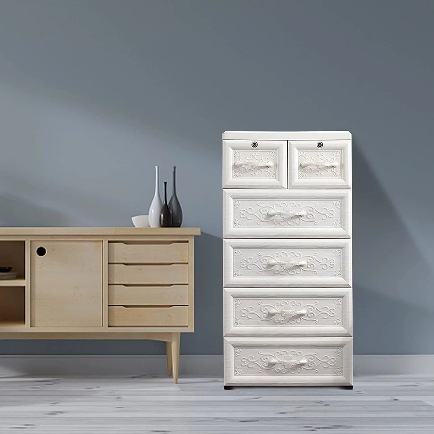 TFCFL 6 Plastic Drawers Organizer Dresser with Wheels Bedroom Furniture Storage Cabinet for Clothes Toys