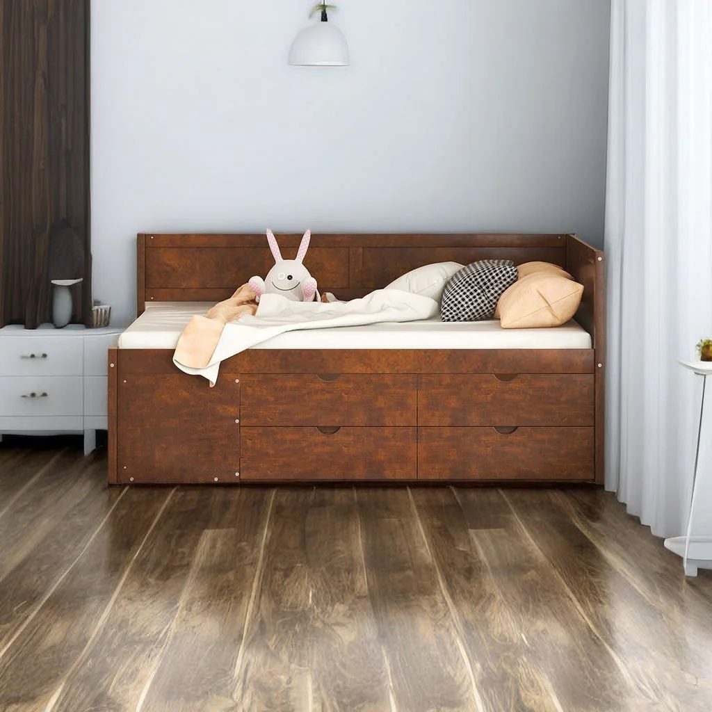 Full Size Daybed with 4 Drawers and Shelves, Wooden Daybed Captain Bed with Wood Slats Support, Elegant Design Daybed for Dorm Bedroom Guest Room