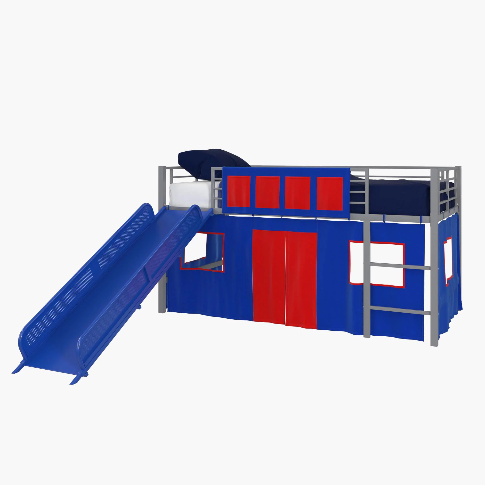 DHP Laurie Junior Twin Metal Loft Bed, Silver with Blue Slide and Blue Curtain