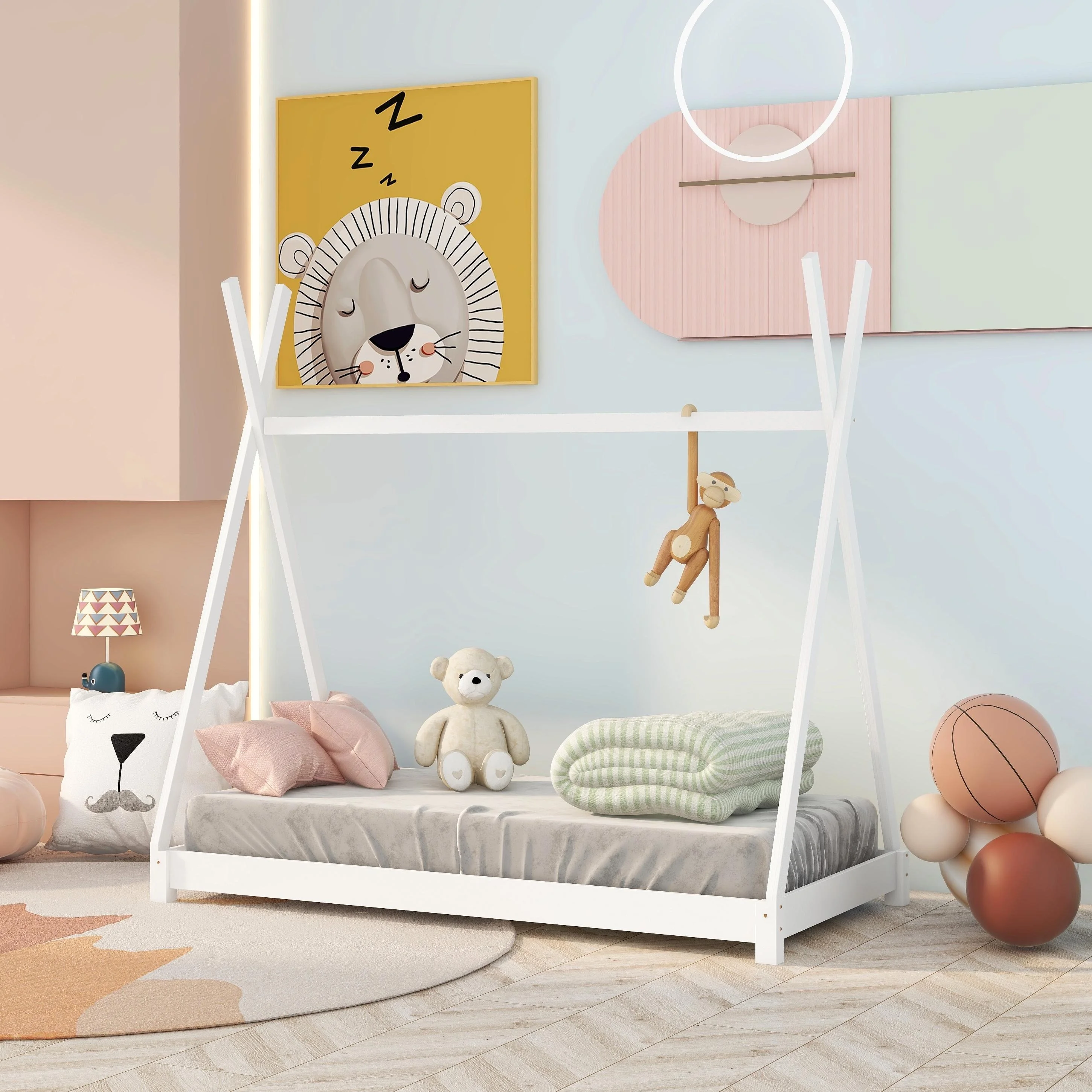 Bellemave House Twin Bed for Kids, Twin Size Platform Bed with Triangle Structure and Slat Support, Wood Kids Twin Bed Frame, No Box Spring Needed (White)