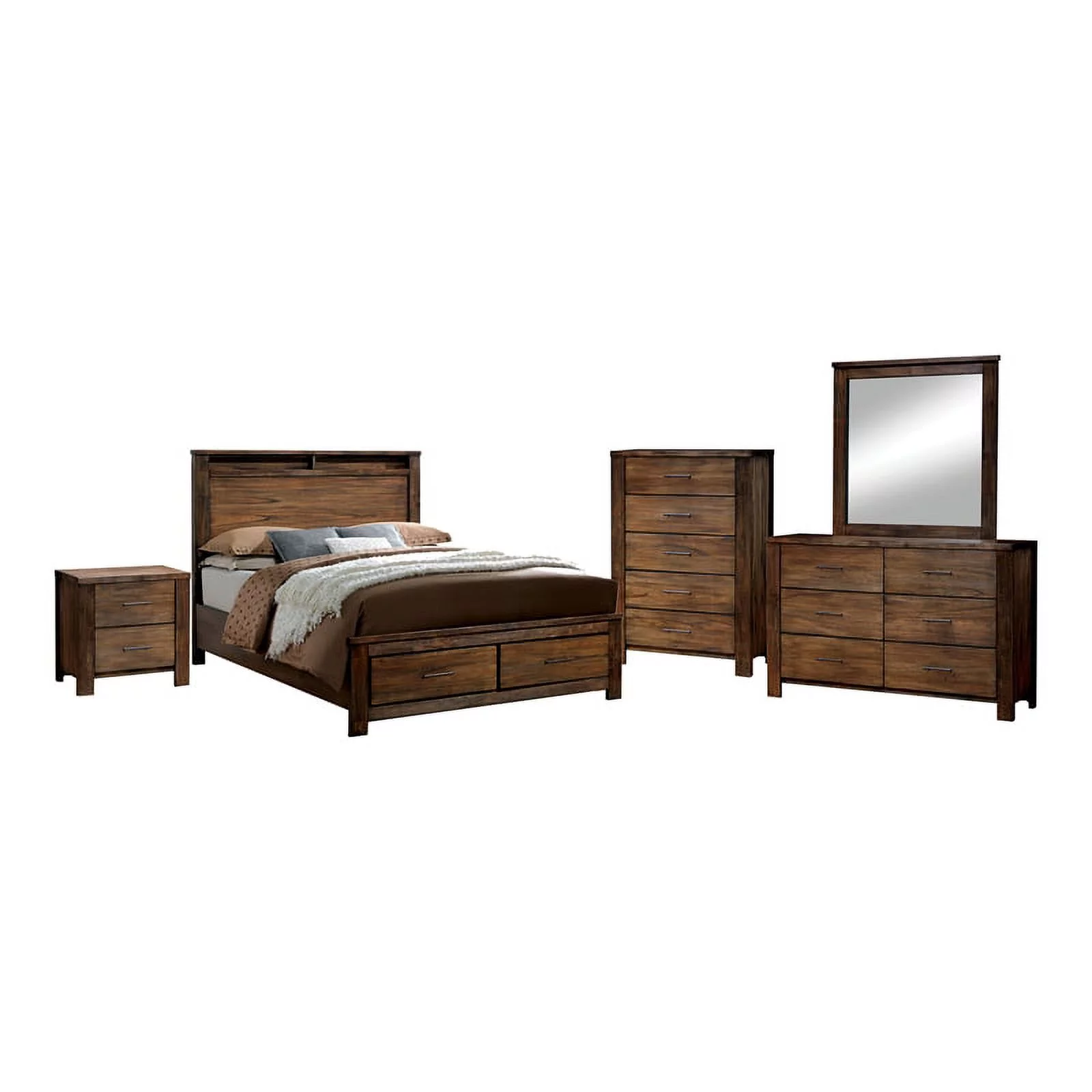 FOA Nangetti 4pc Antique Oak Wood Bedroom Set-Queen+Nightstand+Dresser+Mirror