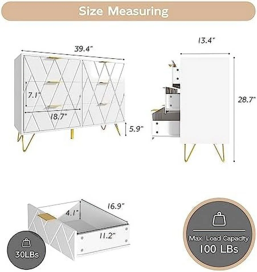 KHBIULIFE Gold and White Dresser - 6 Drawer Drawer Modern Dresser with Gold Handle 39.4" W Versatile Solution for Bedroom Hallway Entryway (Medium)