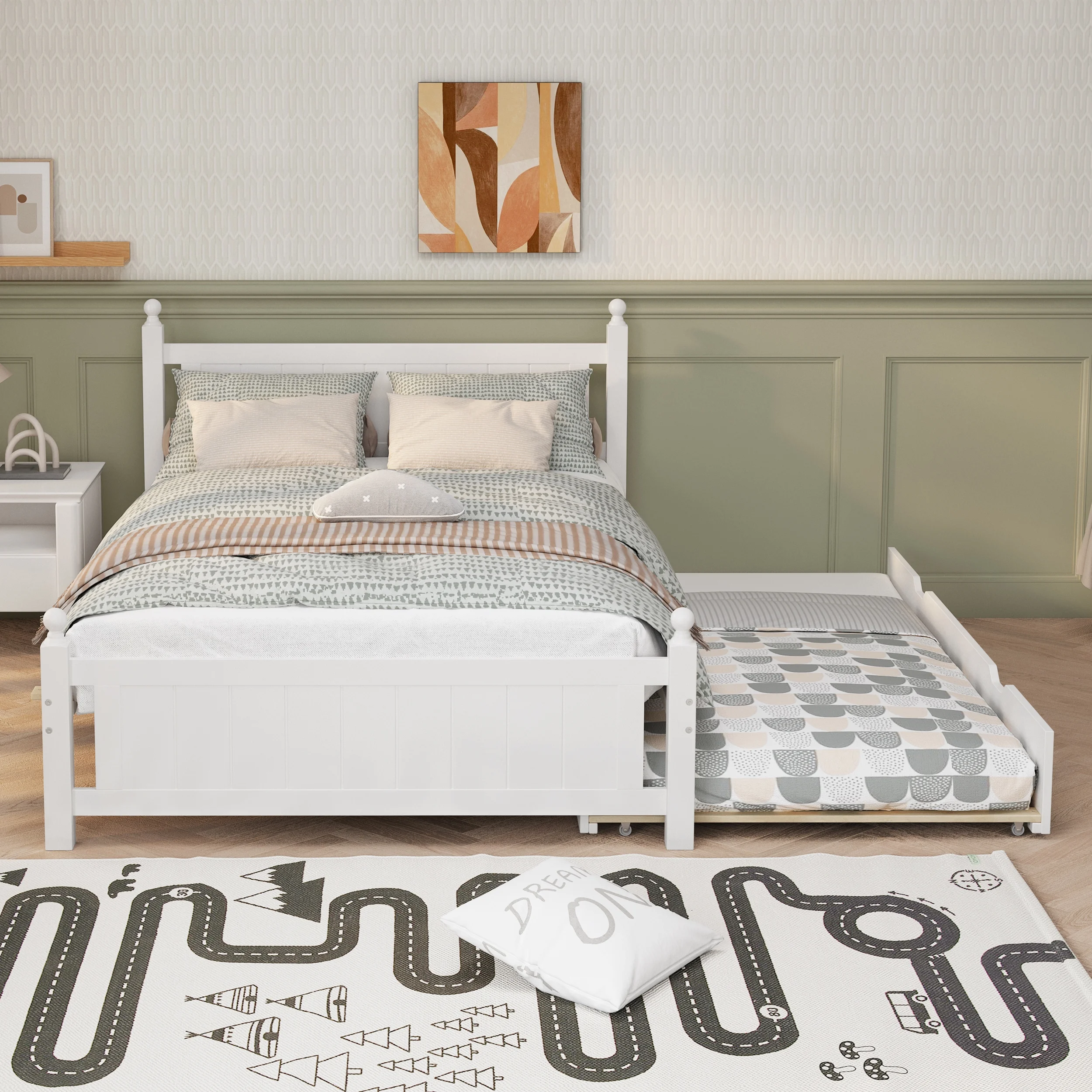 BTMWAY Wood Platform Bed Frame with Storage Bookcase and Trundle Bed, Full Bed Frame with Headboard, No Box Spring Needed, Bedroom Furniture Full Size Bed for Kids, 85''x57.5''x36.7'', Espresso