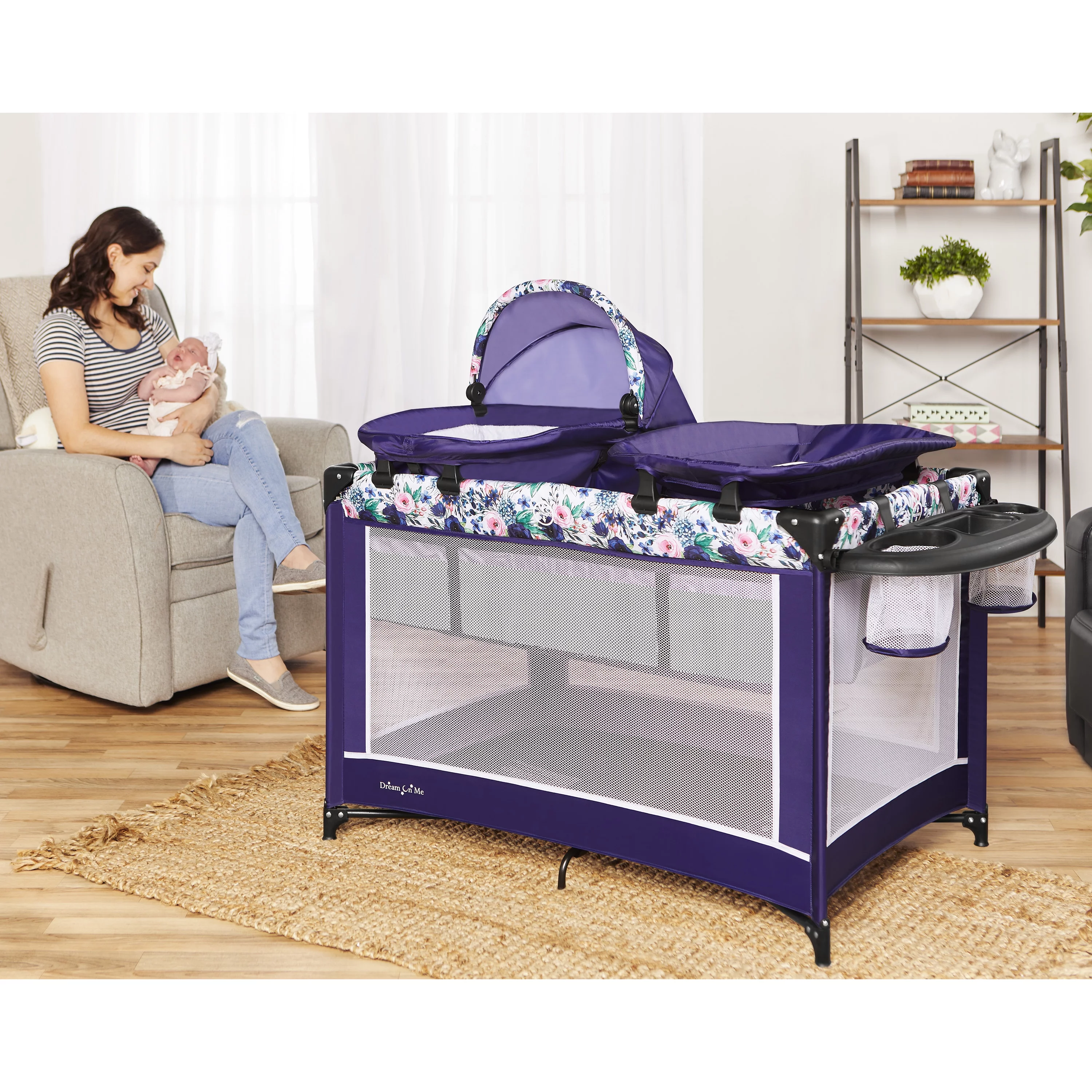 Dream On Me Lilly Deluxe Playard with Full bassinet in Floral Bloom, JPMA Certified, Lightweight