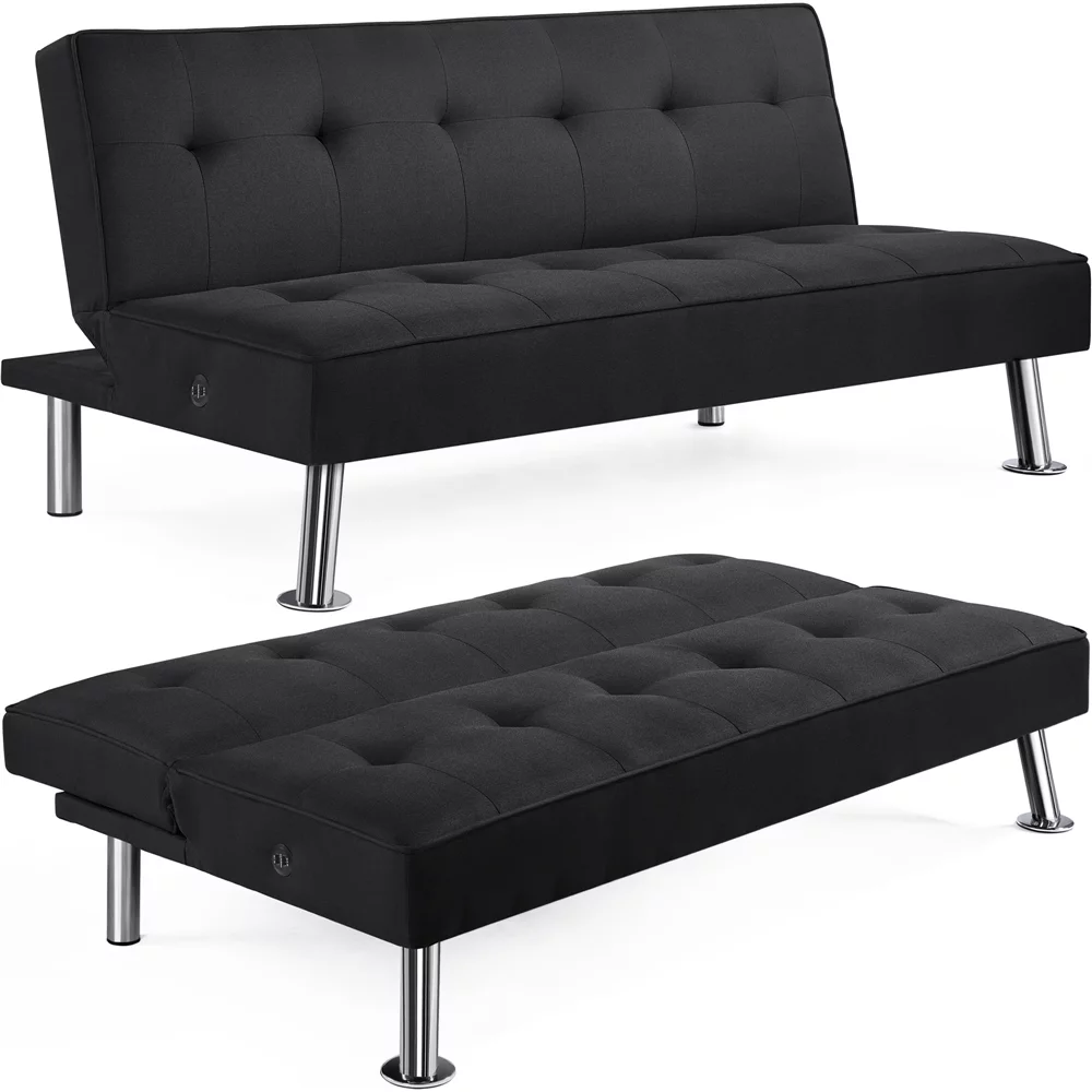 Yaheetech Convertible Futon Sofa Bed w/ USB Ports, 772lb Weight Limit, Black