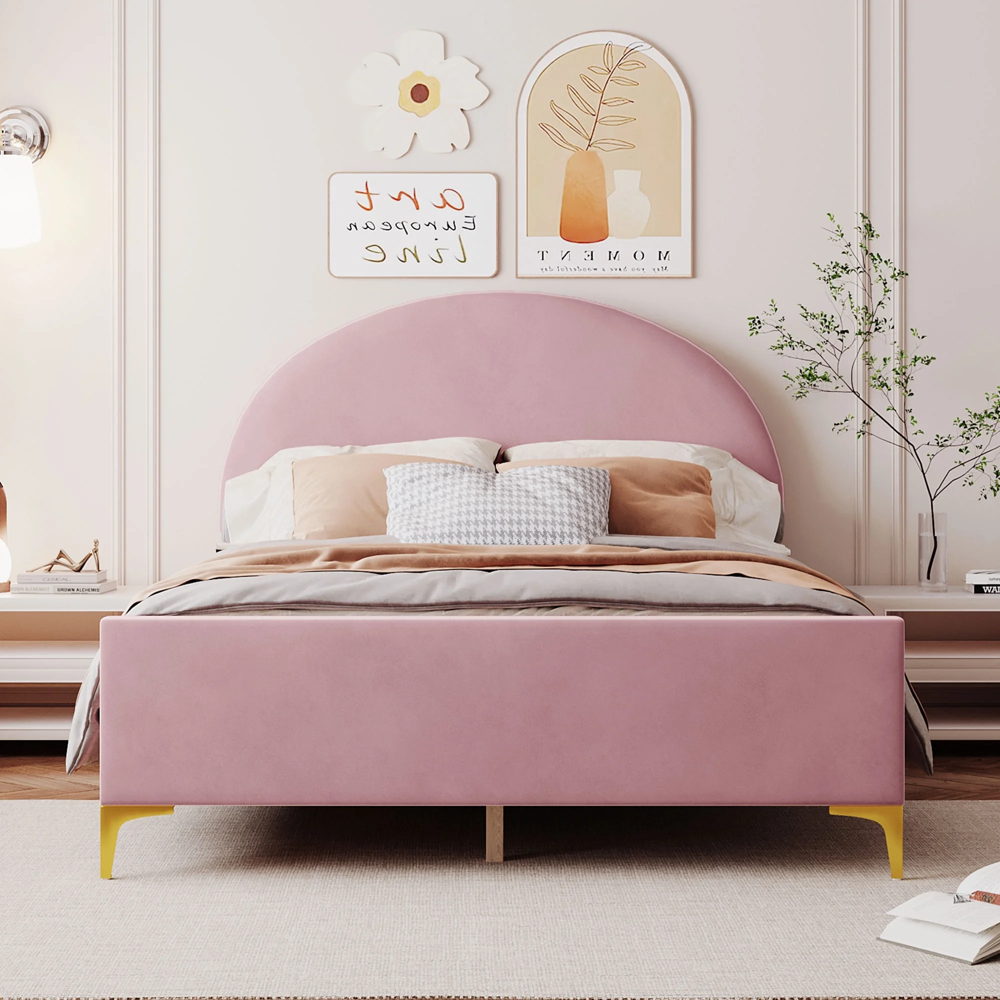 CoSoTower Full Size Upholstered Platform Bed with Classic Semi-Circle Shaped Headboard and Mental Legs, Velvet, Pink