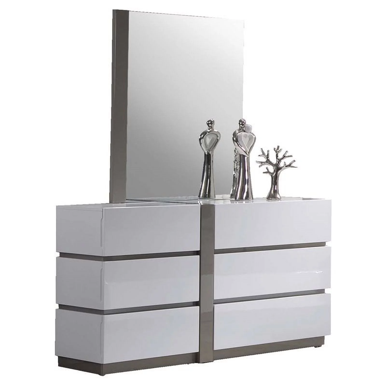 Maklaine 6-Drawer Contemporary Wood Dresser in Gloss White/Gray