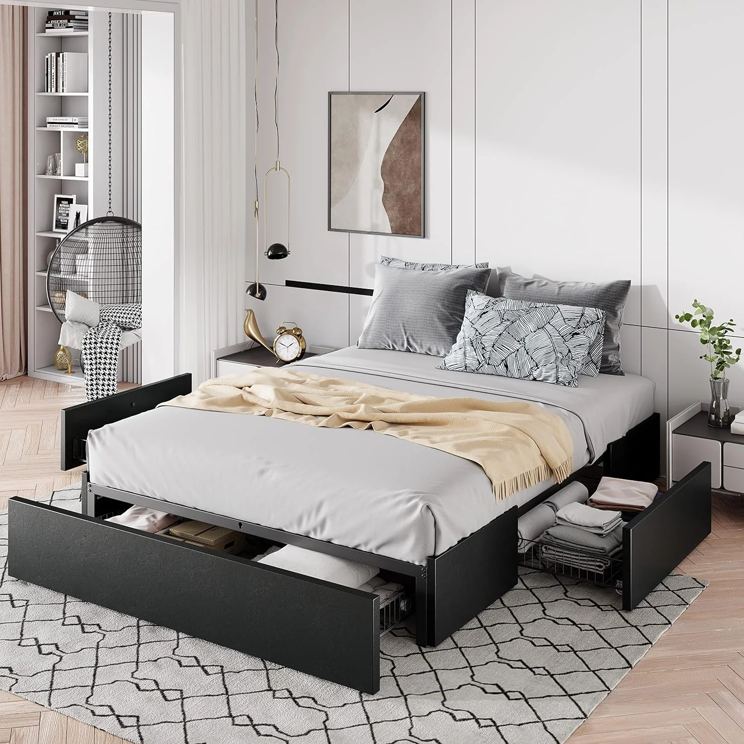 WAGEE Full Size Platform Bed Frame with 3 Storage Drawers, Faux Leather Upholstered, Wooden Slats Support, No Box Spring Needed, Easy Assembly, Black