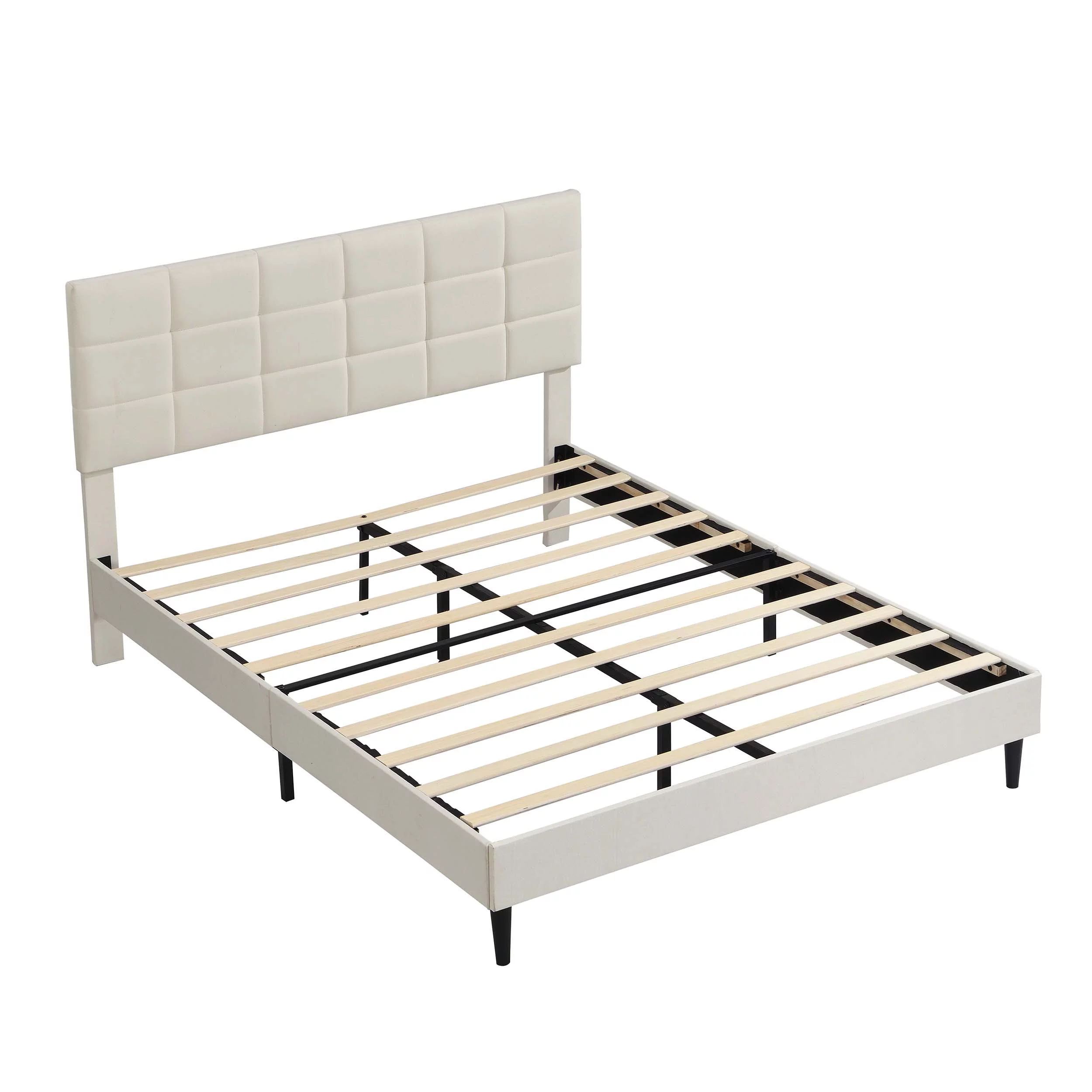 PAPROOS Upholstered Full Bed Frame, New Upgraded Fabric Platform Bed with Headboard, Strong Wooden Slats Support, Full Size Bed for Boys Girls Teens Adults, Holds 800lbs, No Box Spring Needed, Beige