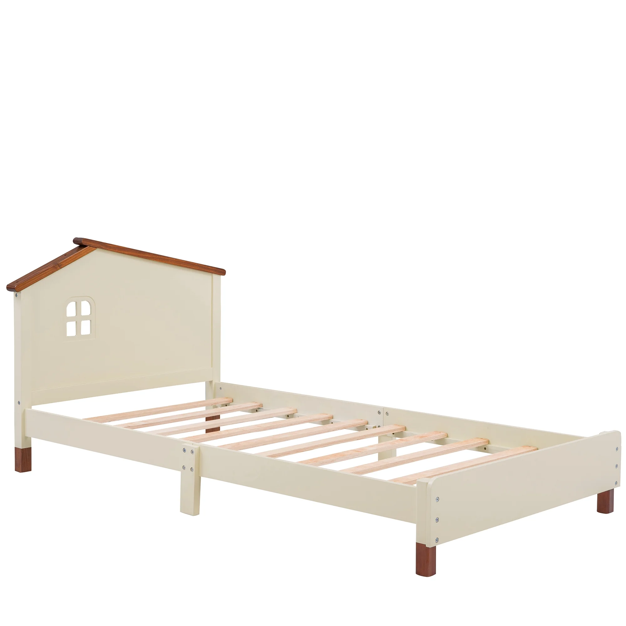 Twin Size Wood Platform Bed with House-shaped Headboard (Cream+Walnut)