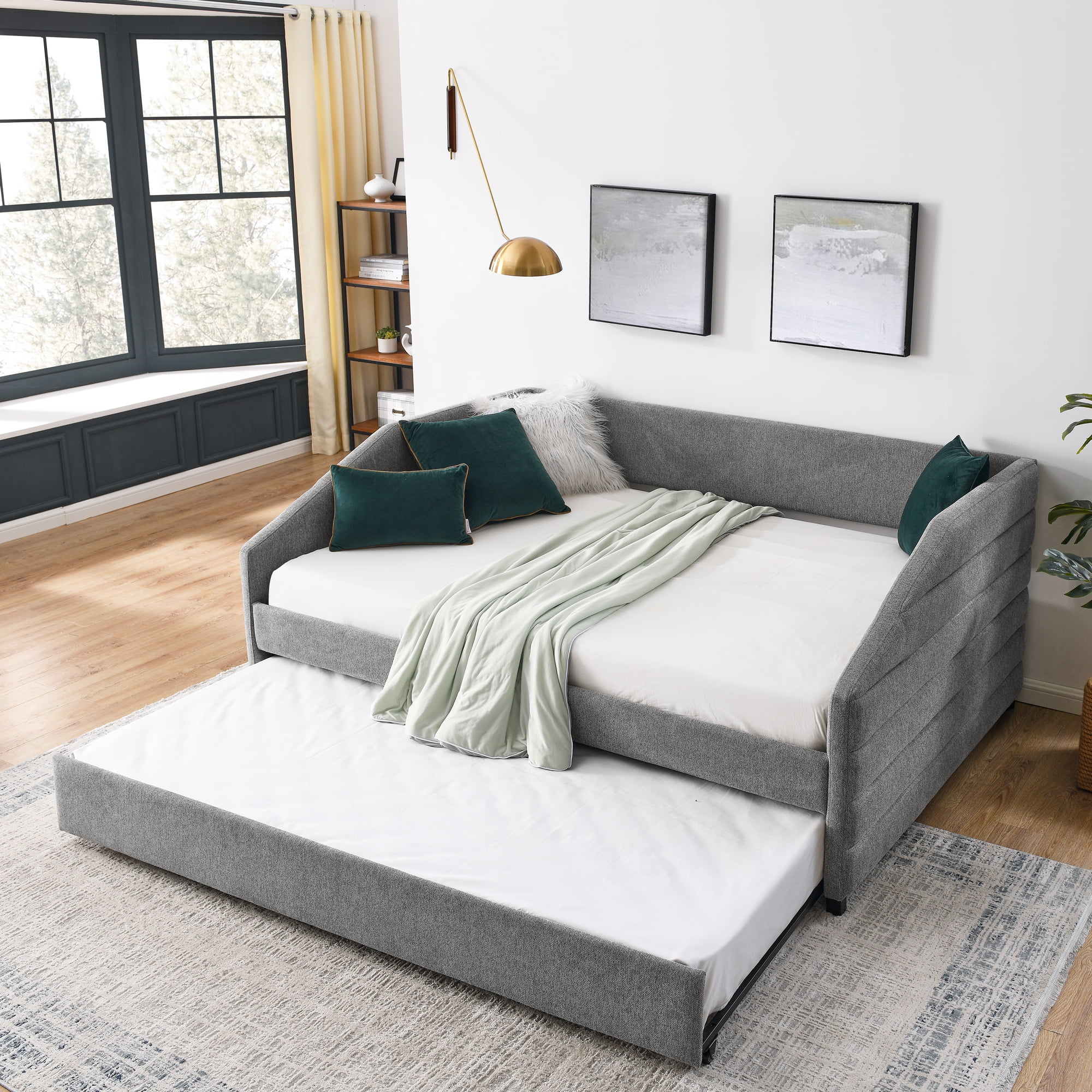 CoSoTower Full Size Daybed with Trundle Upholstered Tufted Sofa Bed, Linen Fabric, Grey (82.5