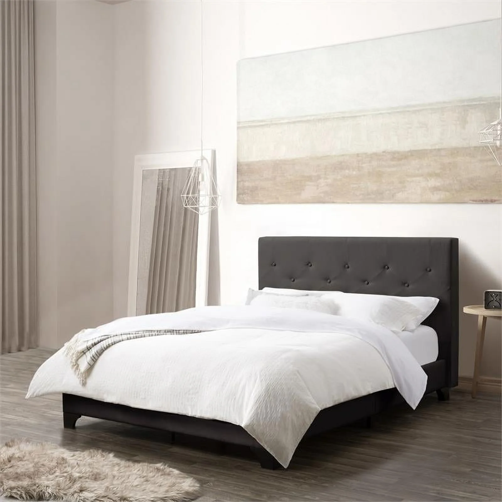 Atlin Designs Button-Tufted Headboard Fabric Full/Double Bed Frame in Dark Gray