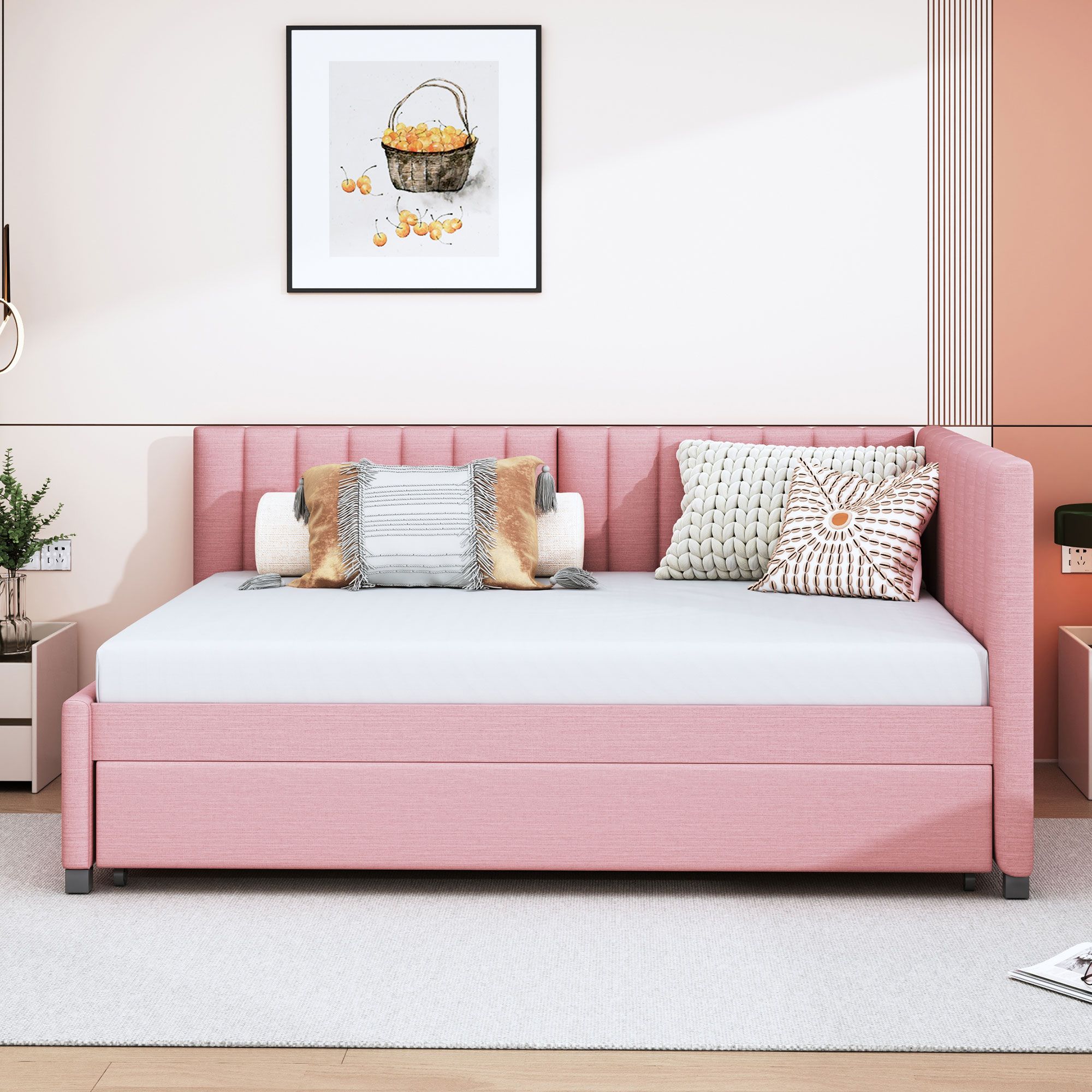 Linen Fabric Full Size Upholstered Bed Frame with Trundle Sofa Bed, Platform Bed Frame, Mid Century Bedframe, Wood Daybed, Wood Foundation(Pink, Full)