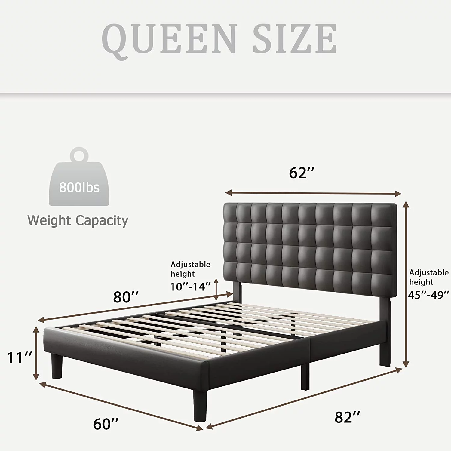 Platform Bed Frame  Faux Leather Upholstered Bed Frame with Square Tufted Headboard  Wood Slats Support  No Box Spring Needed  Easy Assembly  Grey