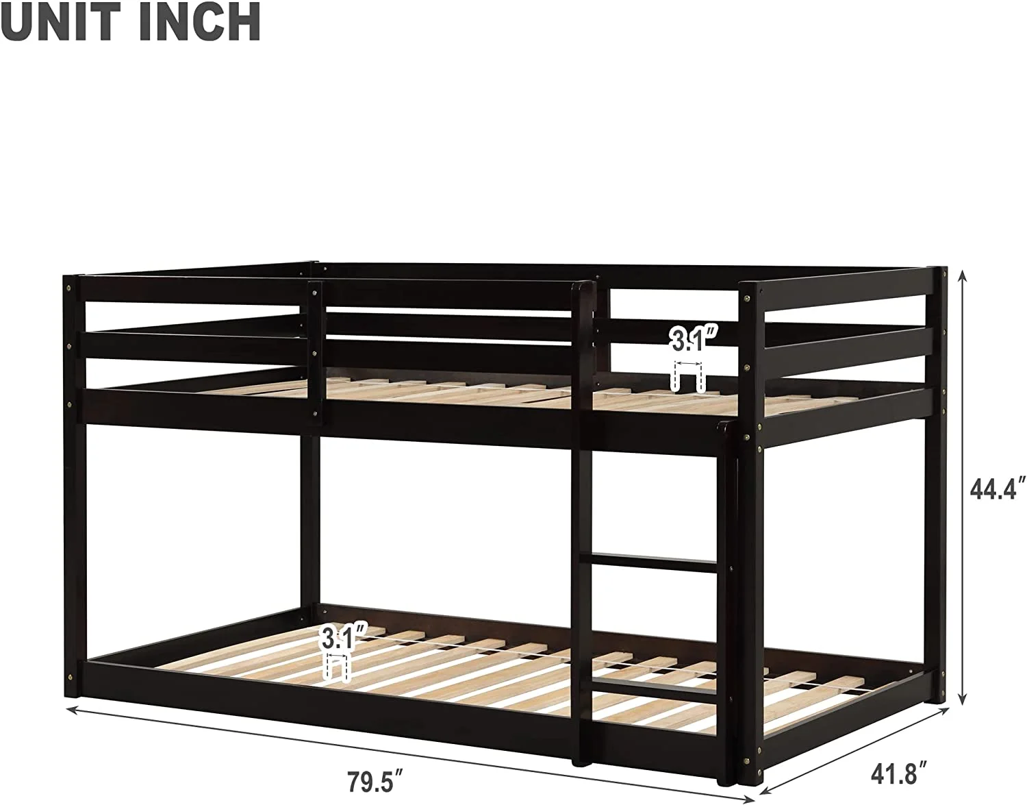 Over Floor Bunk Bed With Built-In Ladder, Safety Guardrail, Espresso