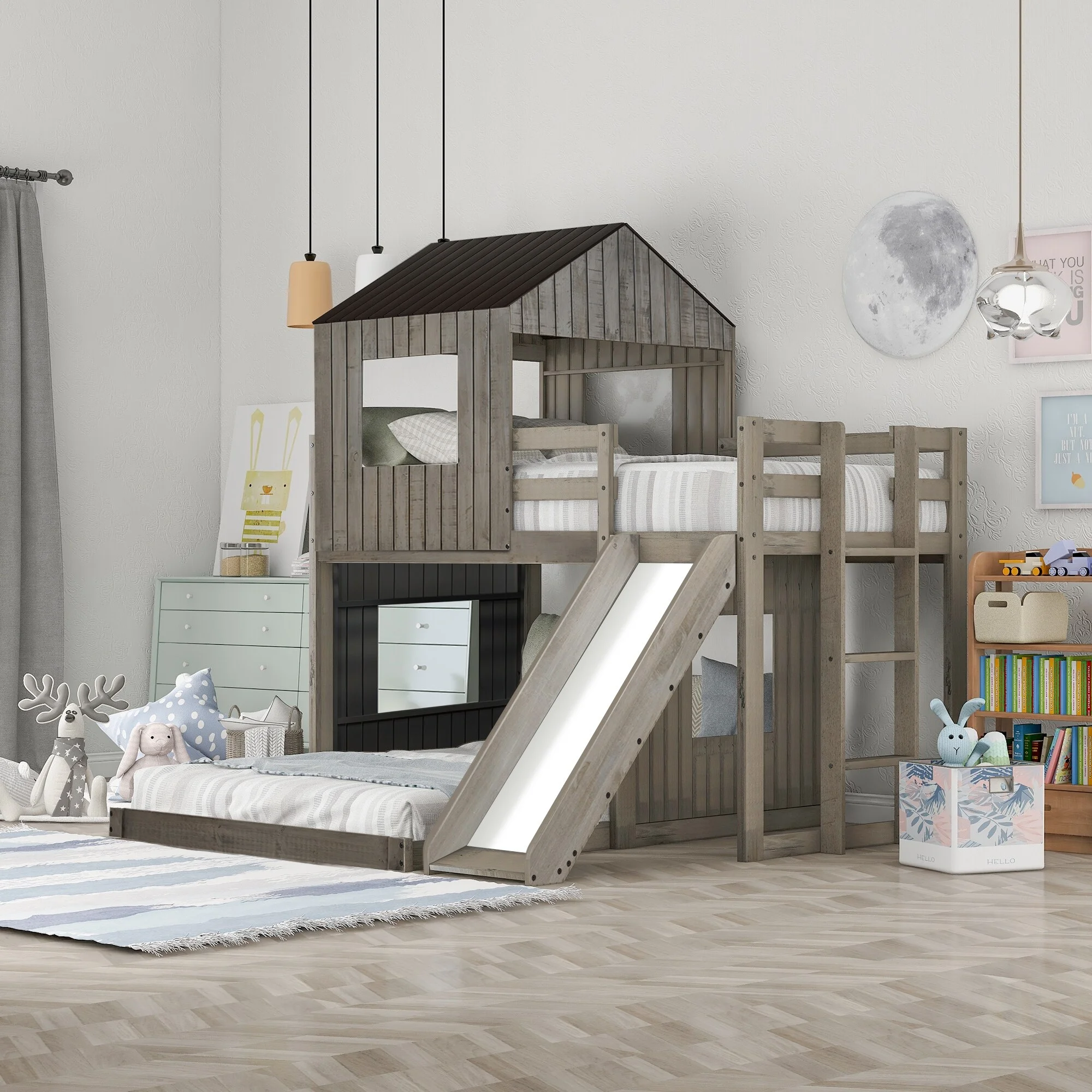 Nestfair Farmhouse Twin Over Full Bunk Bed with Playhouse Antique Gray