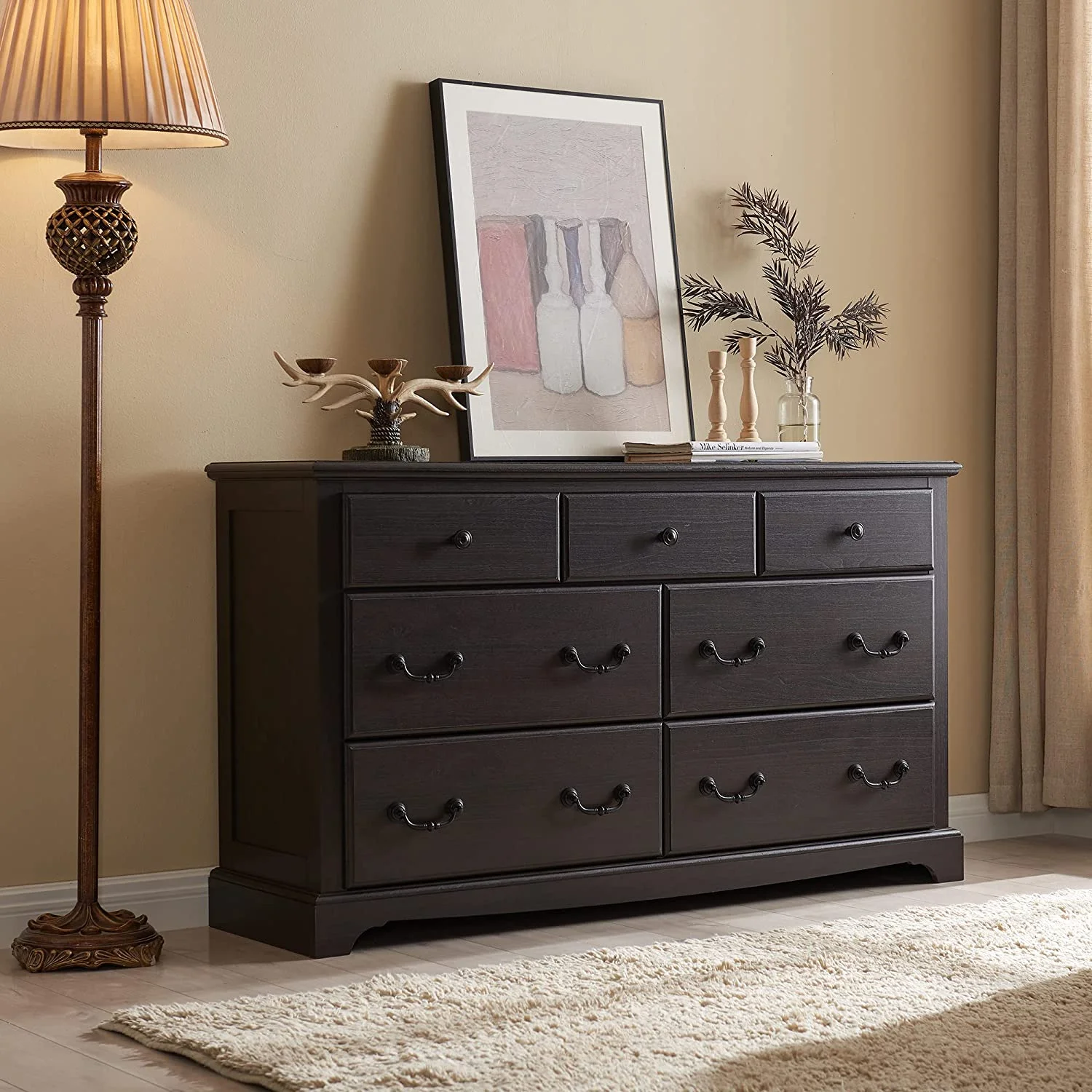 OKD 7 Drawers Dresser Storage Organizer Chests for Bedroom, Wood Rustic Tall Storage Closet , Espresso