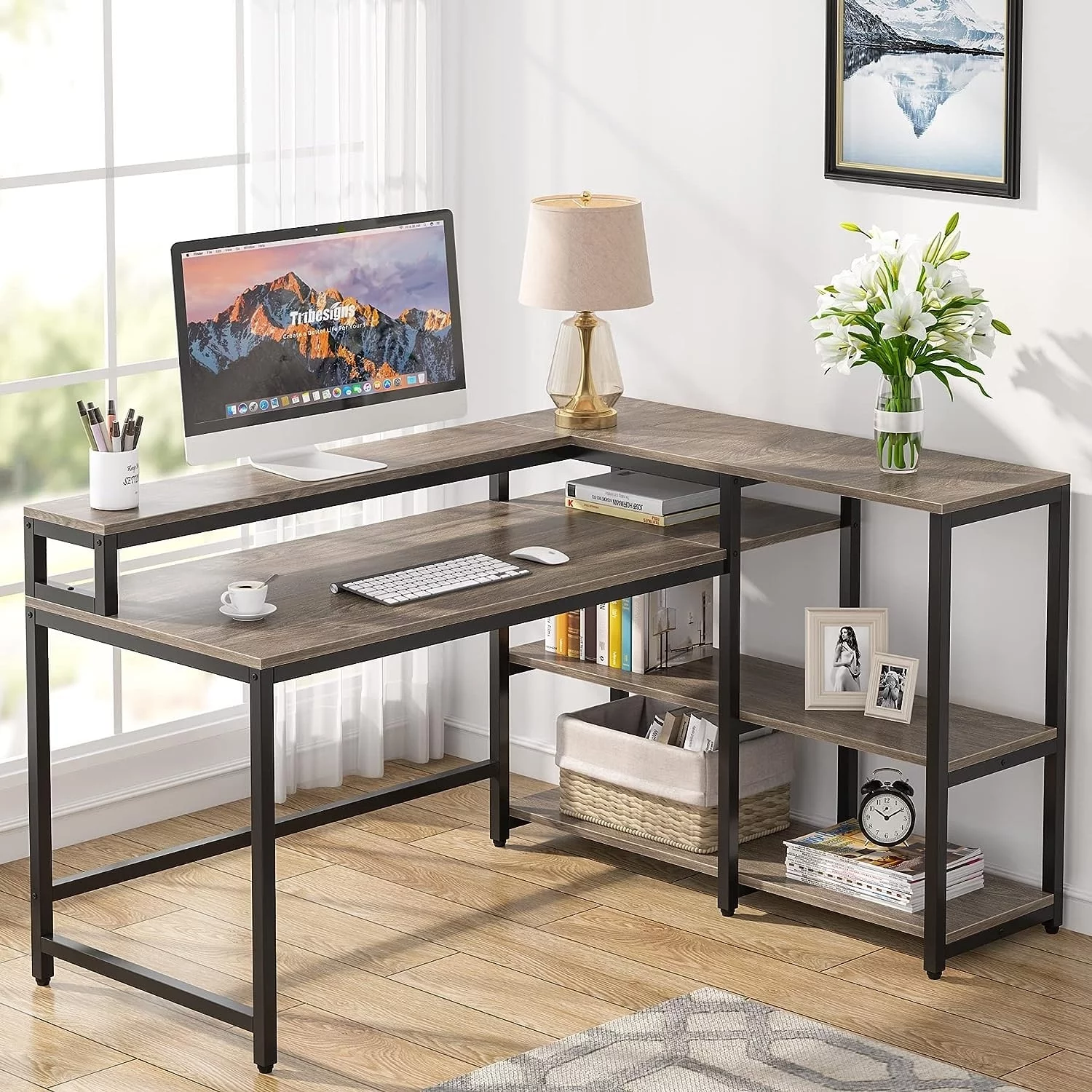 55/53 inch Reversible L Shaped Desk with Storage Shelf and Monitor Stand,Corner Desk White faux marble 55