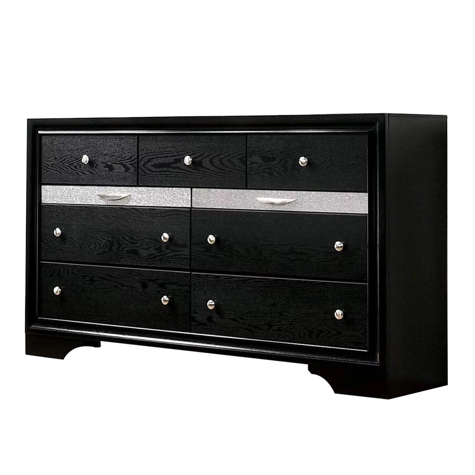 Dresser with Silver Trim Accent and 2 Jewelry Drawer, Black