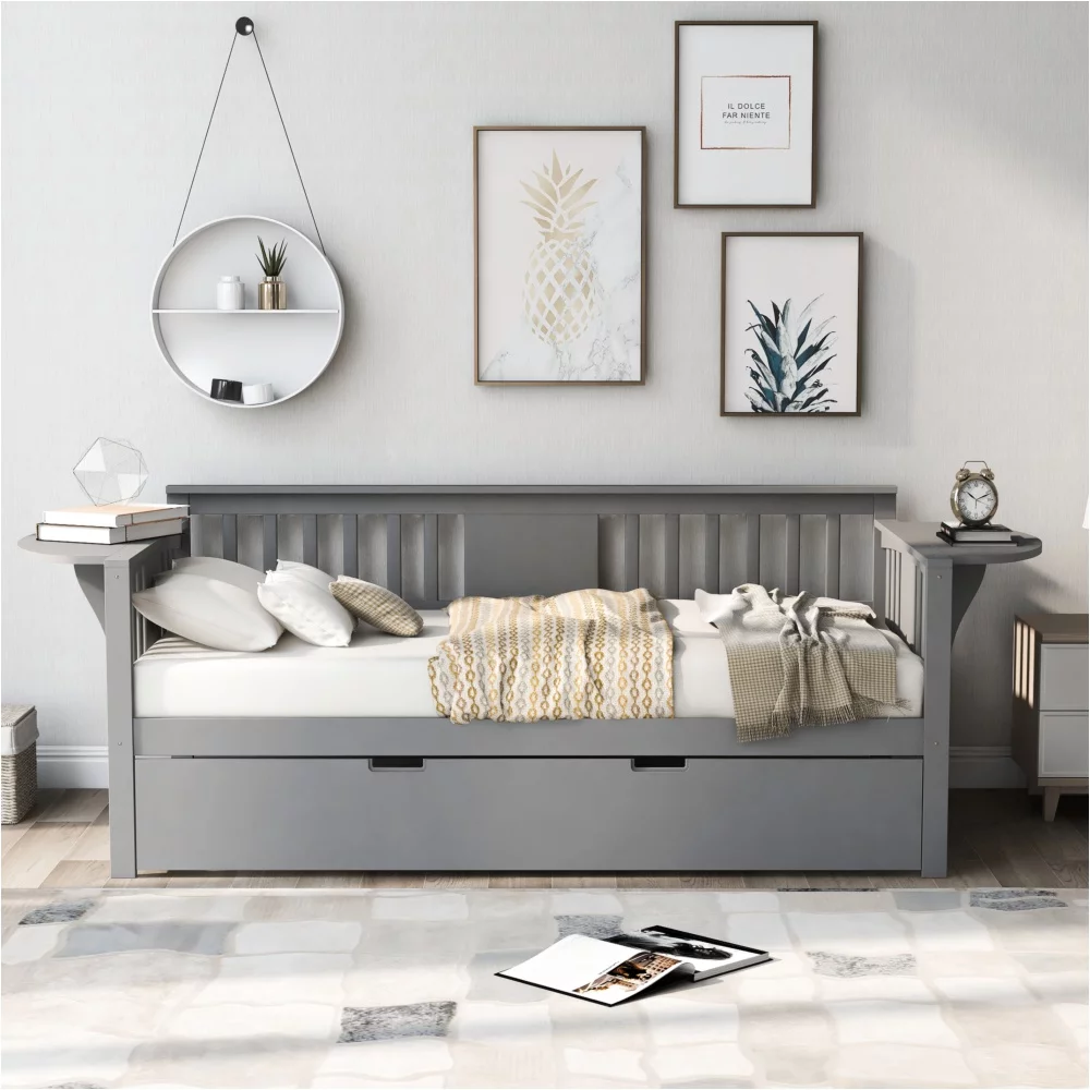 Twin Wooden Daybed With Trundle Bed Sofa Bed For Bedroom Living Room Gray 354050
