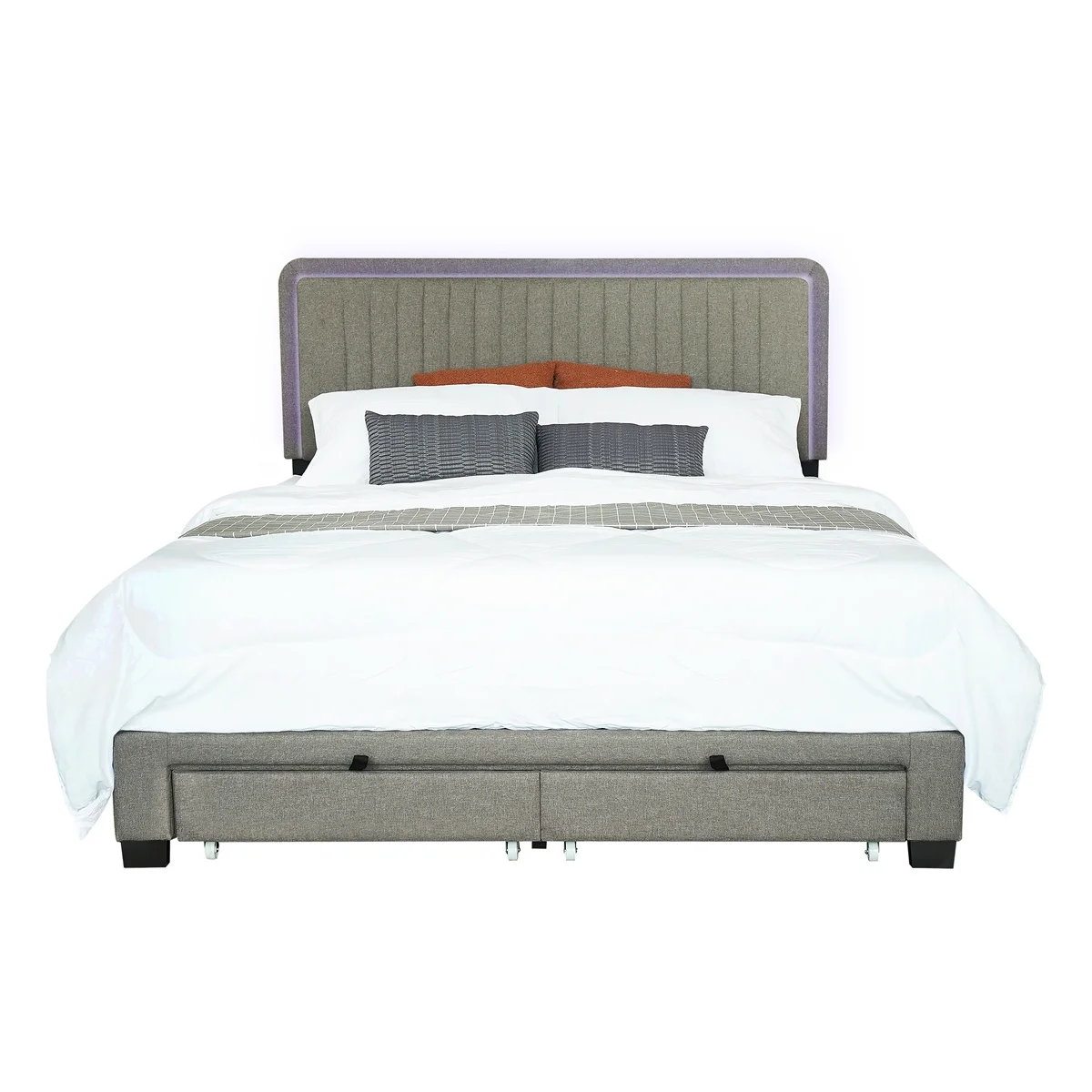 Queen Size Bed Frame with Adjustable Headboard, LED Design, Upholstered Vertical Channel Tufted Platform Bedframe with Wood Slats Support, No Box Spring Needed