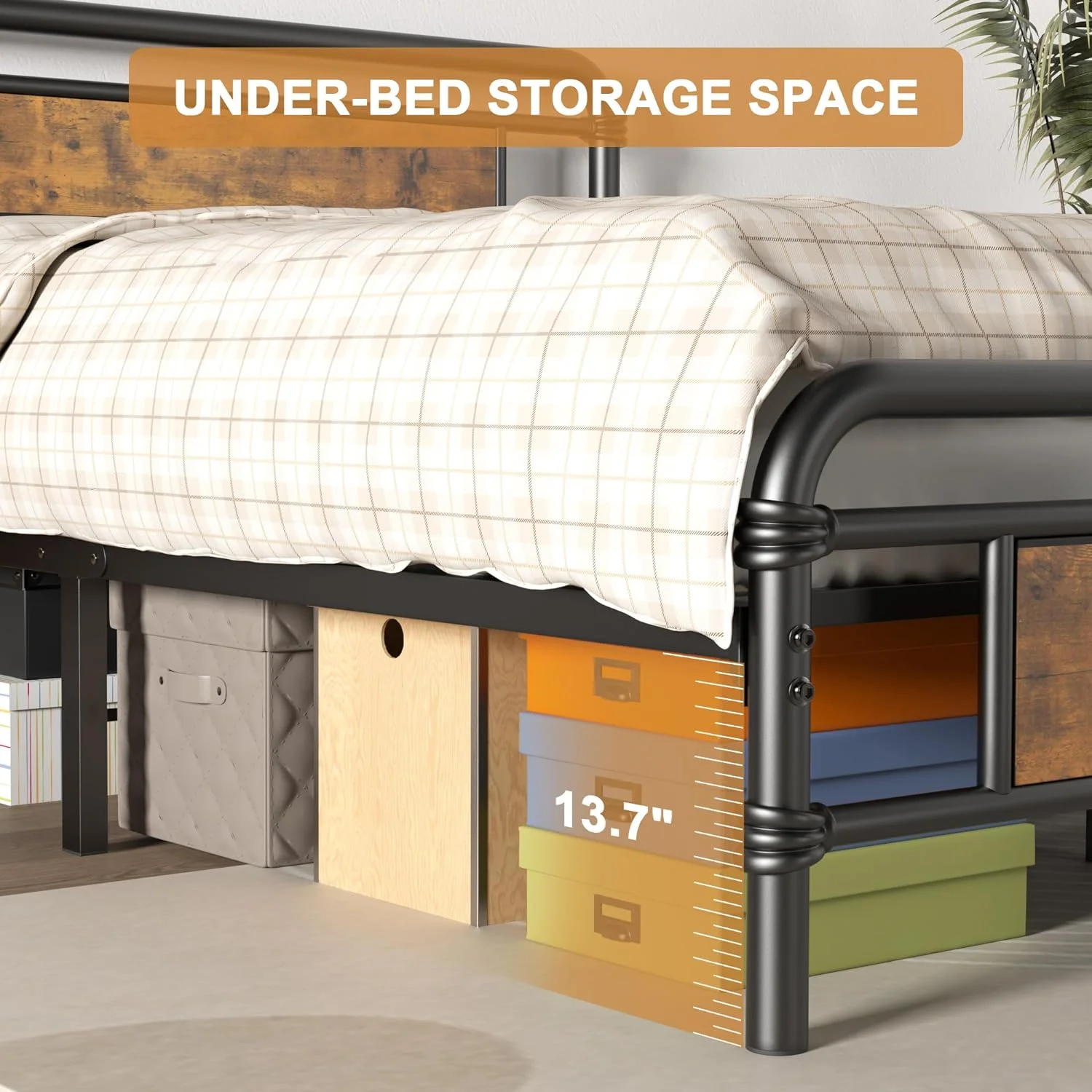 Codesfir Bed Frame with Headboard, Heavy Platform Bed Frame with Strong Metal Foundation, Easy Assembly, No Box Spring Needed (Vintage Brown,King Size)