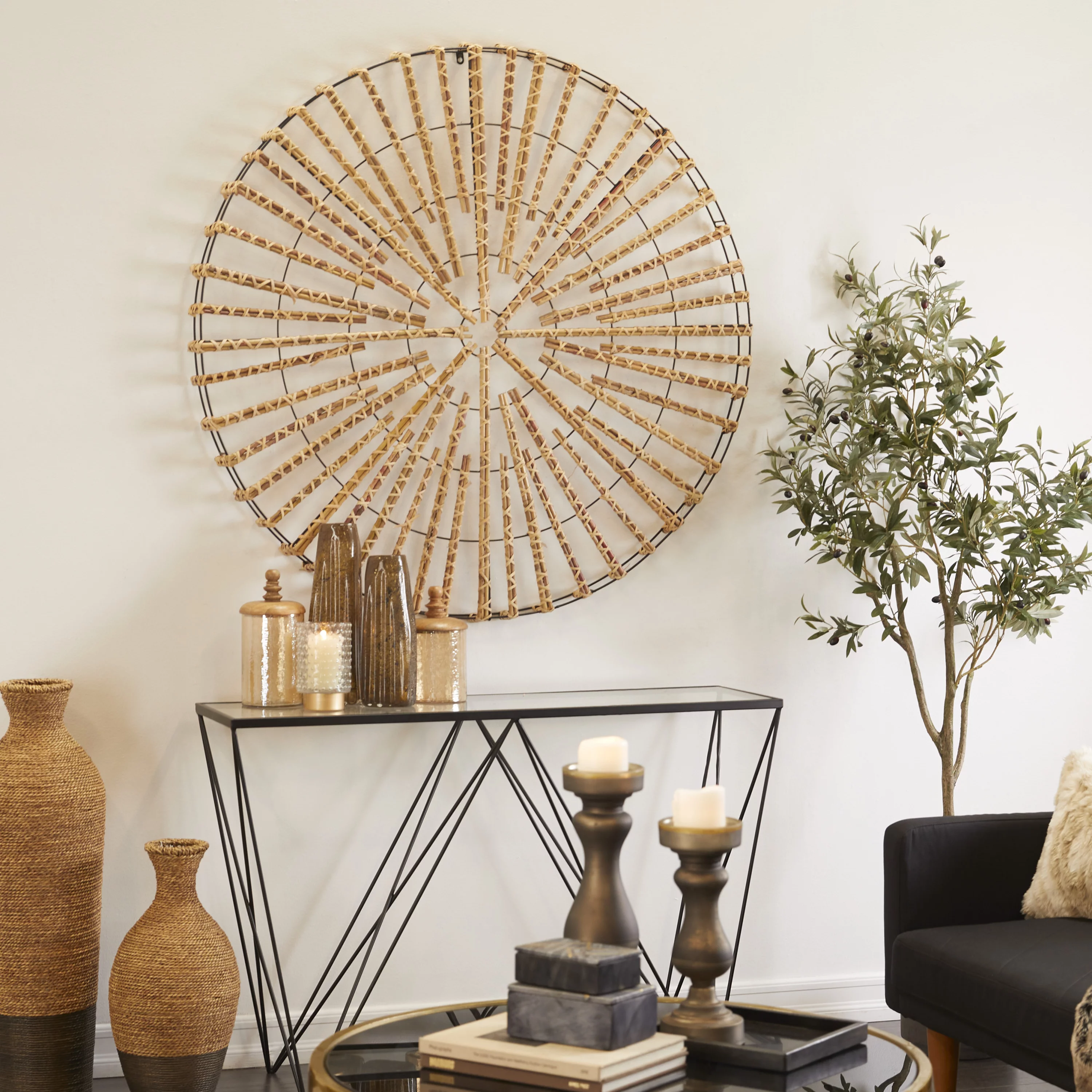 The Novogratz Light Brown Rattan Handmade Wrapped Stick Geometric Wall Decor with Black Metal Frame