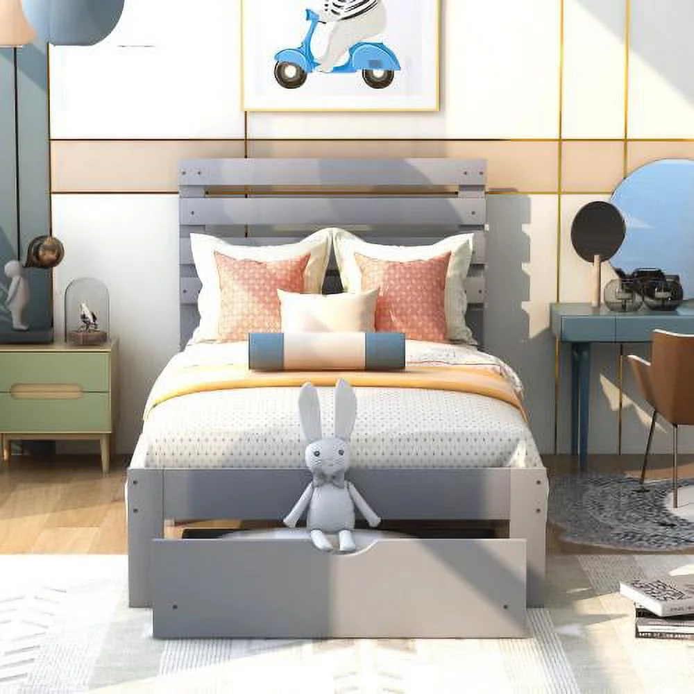 Platform Twin Size Bed Frame with Storage Drawer and Headboard, Wood Platform Bed Frame with Wooden Slat Support for Bedroom, Kids Wood Twin Bed, No Box Spring Needed (Gray)