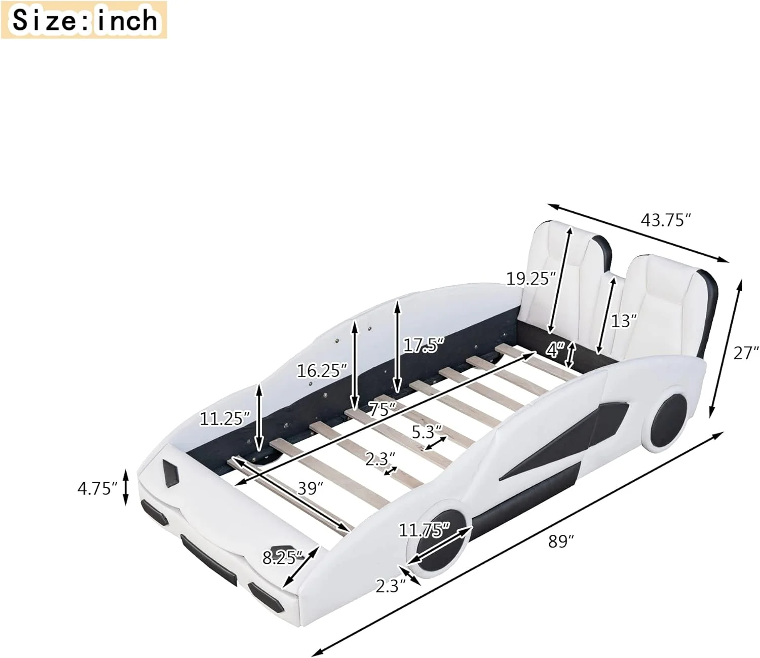 Size Race Car-Shaped Platform Bed With Wheels, White