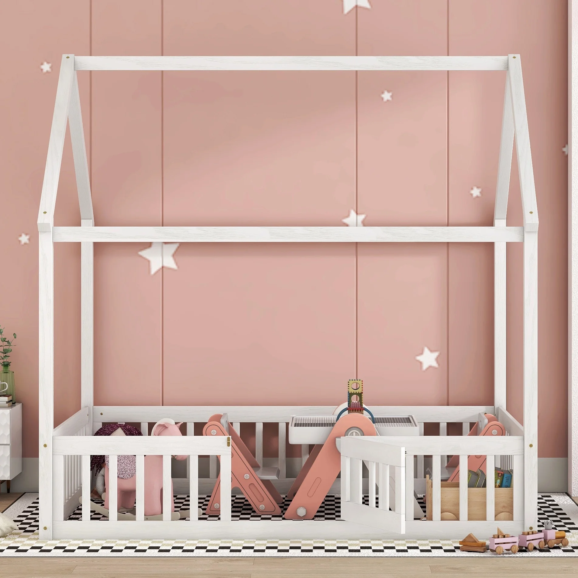 Montessori Bed/Full Size House Floor Bed for Toddlers, Kids Girls, Boys, Montessori Floor Bed with Rails and Door,Toddler House Bed(White)