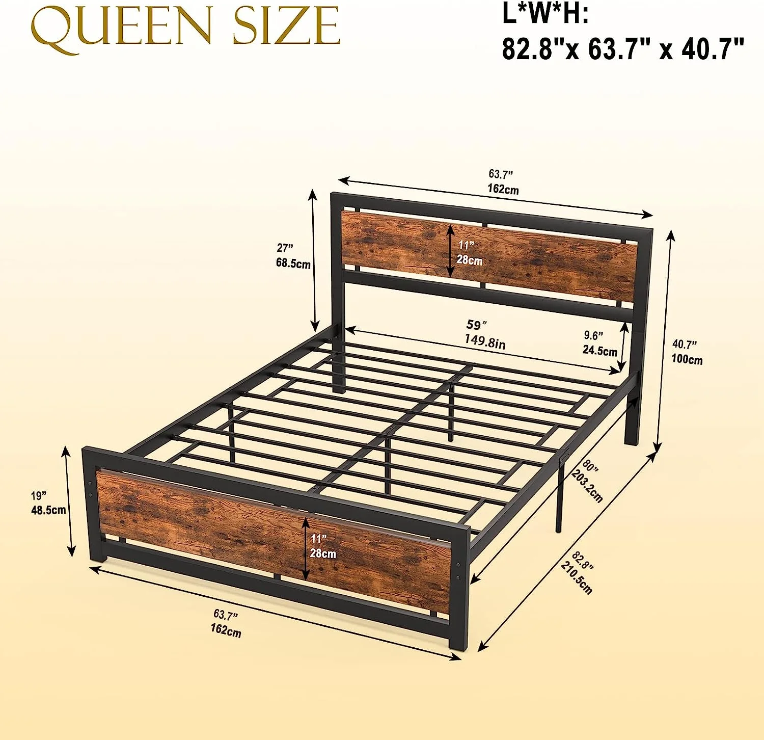 Popular Codesfir Queen Bed Frame with Headboard and Footboard  Heavy Duty Platform Metal Bed Frame with Strong 4 U-Shaped Support Frames & 12 Strong Wood Slat Support  No Box Spring