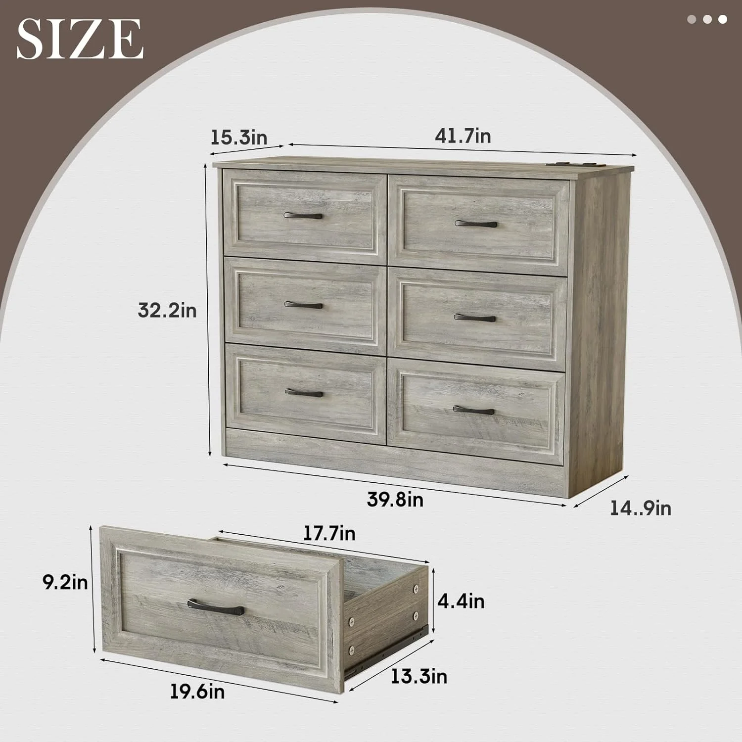xrboomlife Dresser for Bedroom 6 Drawer Wide Dresser Organizer with Charging Station Tall Dresser for Hallway Wood Dresser with Metal Handles Ash Grey
