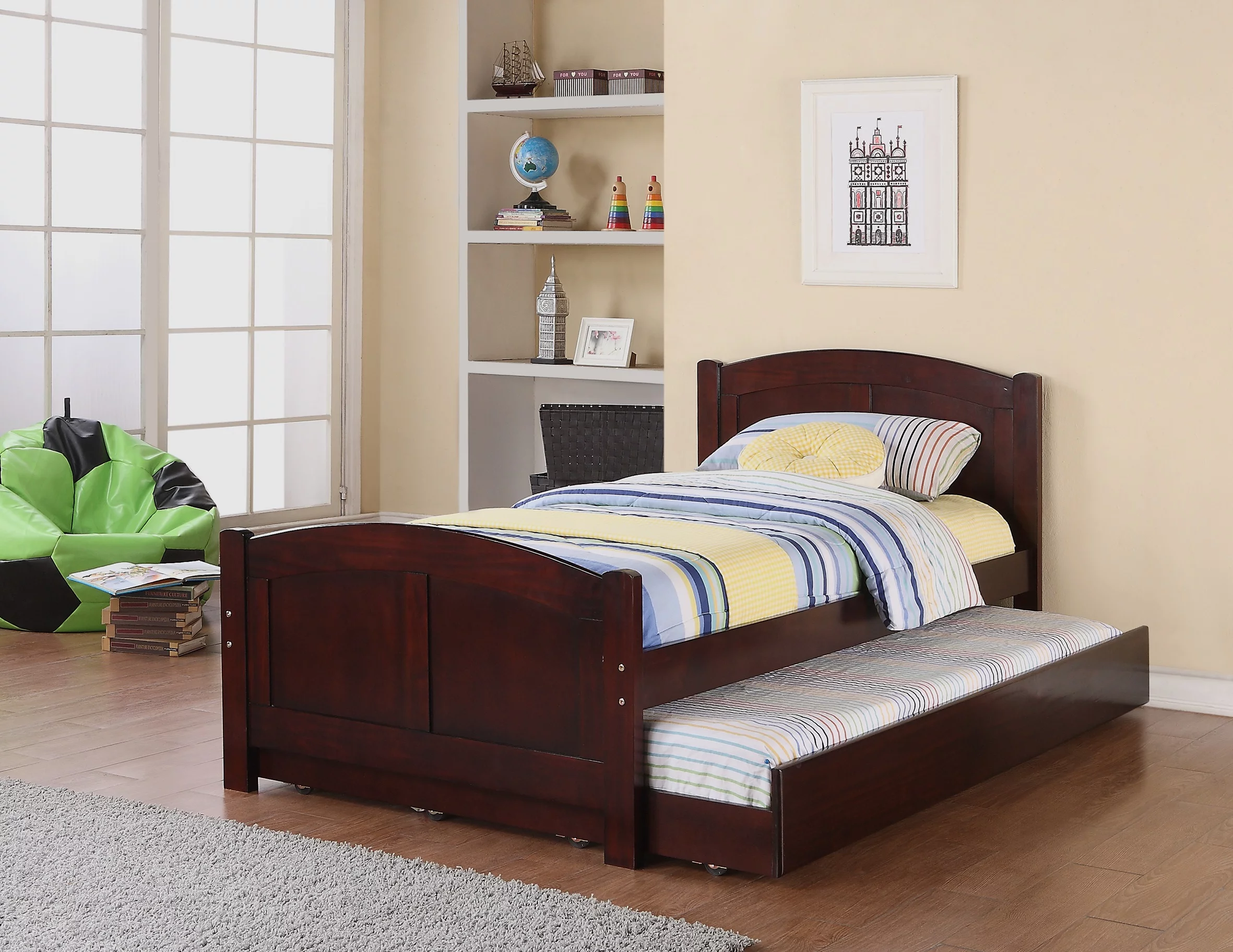 CoSoTower Twin Size Bed W/ Trundle Slats Dark Cherry Pine Plywood Kids Youth Bedroom Furniture
