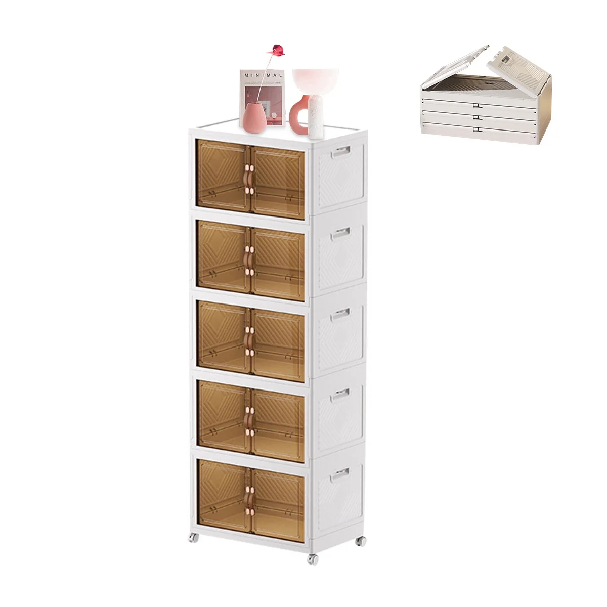 Untyo Plastic Storage Bins with Lids, Double Doors Plastic Foldable Box, 5-Tier Closet Organizers and Storage with Lids