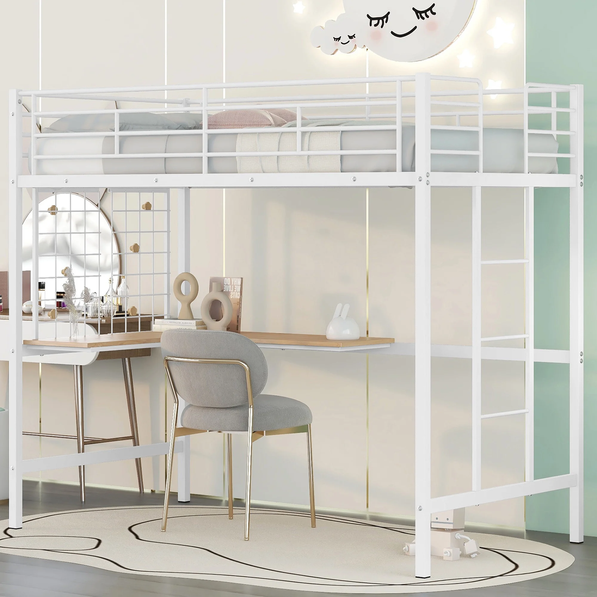 HSUNNS Twin Size Loft Bed with Desk and Metal Grid for Kids Teens Adult, Metal Bed Frame with Build-in Ladder and Full-Length Guardrail, Noise Free, Space Saving, No Box Spring Needed, White