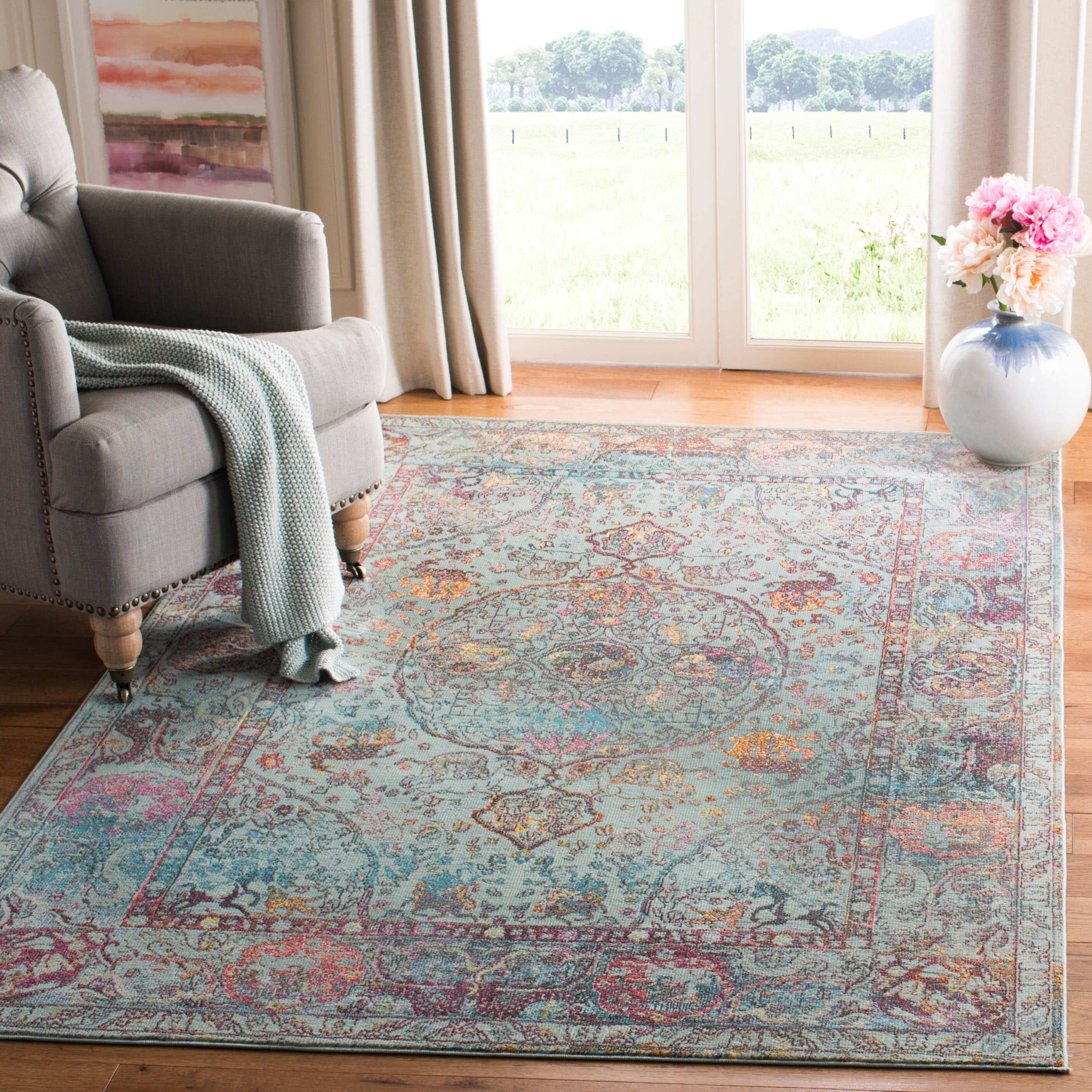 SAFAVIEH Luxor Jenny Floral Bordered Area Rug, Turquoise/Aqua, 9' x 12'