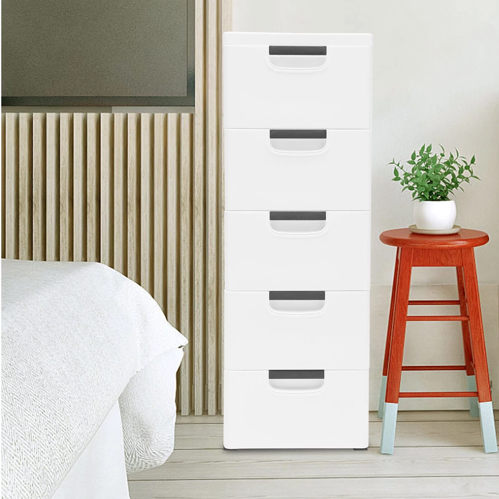 Fichiouy Closet Drawers Tall Dresser Organizer Vertical Clothes Storage Tower with 5 Drawers + Wheel White