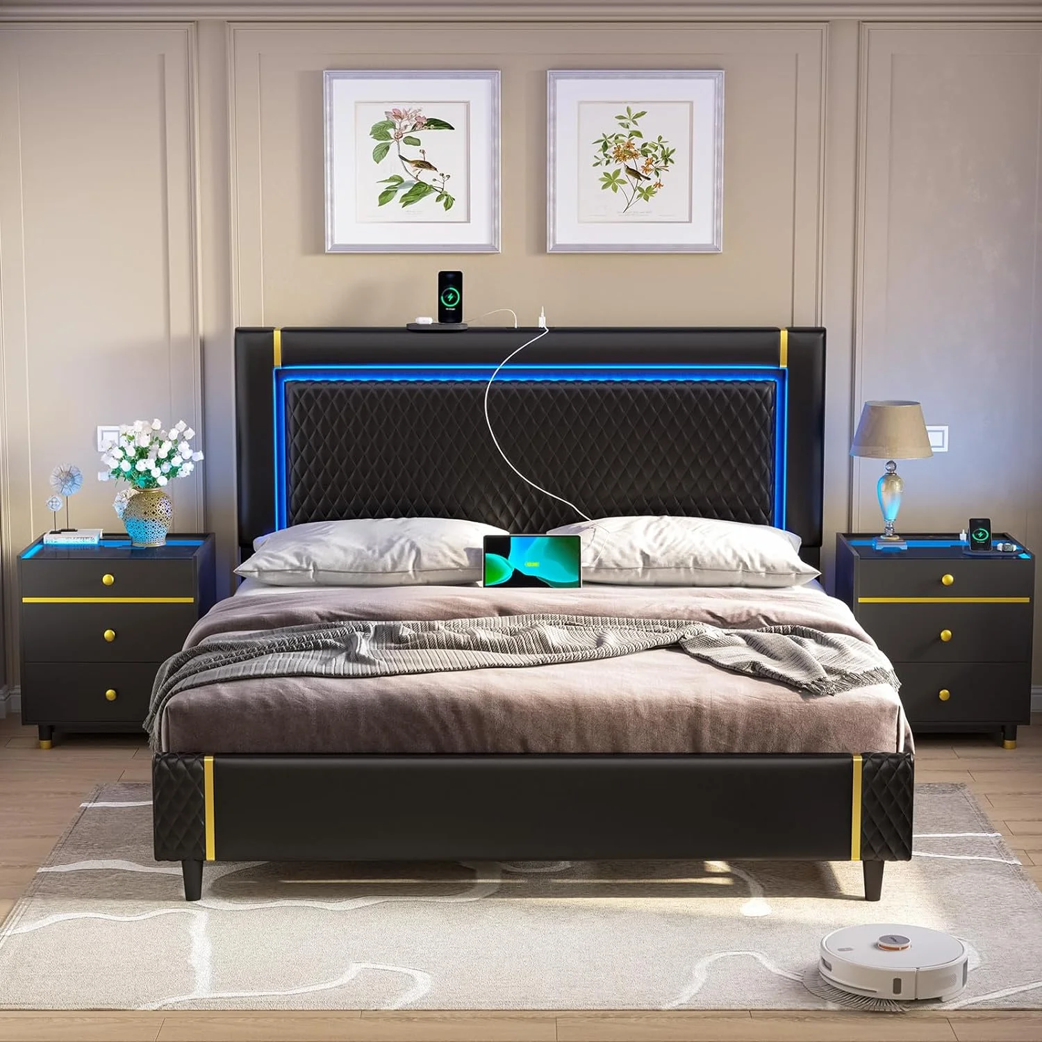 King Size Bed Frame with LED Lights&Type-C&USB&Adjustable Headboard,Upholstered Platform Bed Frame for Bedroom,No Box Spring Needed, Black