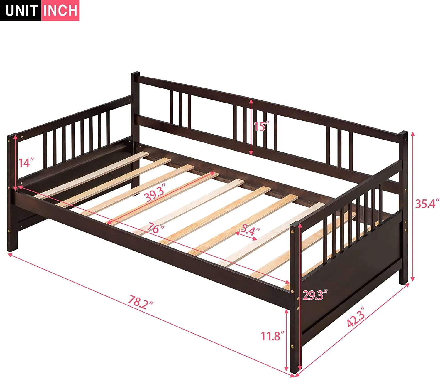 Size Daybed With Clean Lines, Daybed Frame With Wooden Slats Support, No Box Spring Needed (, Espresso)