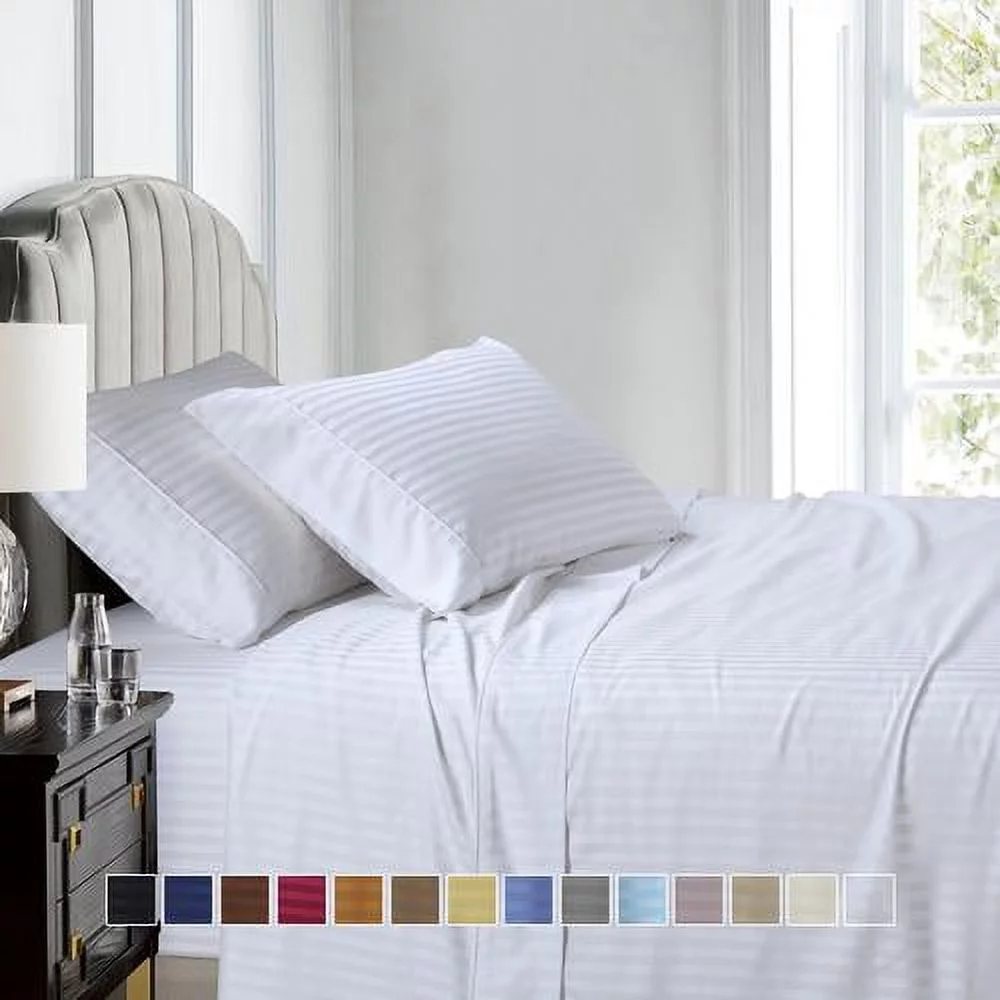 Luxury 100% Cotton 600 Thread Count Sheets Damask Striped Bed Sheets Set - California King - Linen