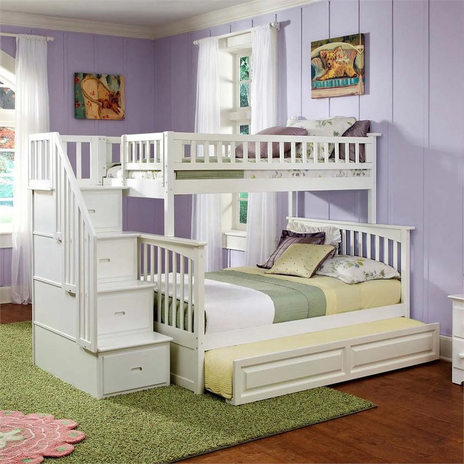 Rosebery Kids Twin over Full Staircase Bunk Bed with Trundle in White