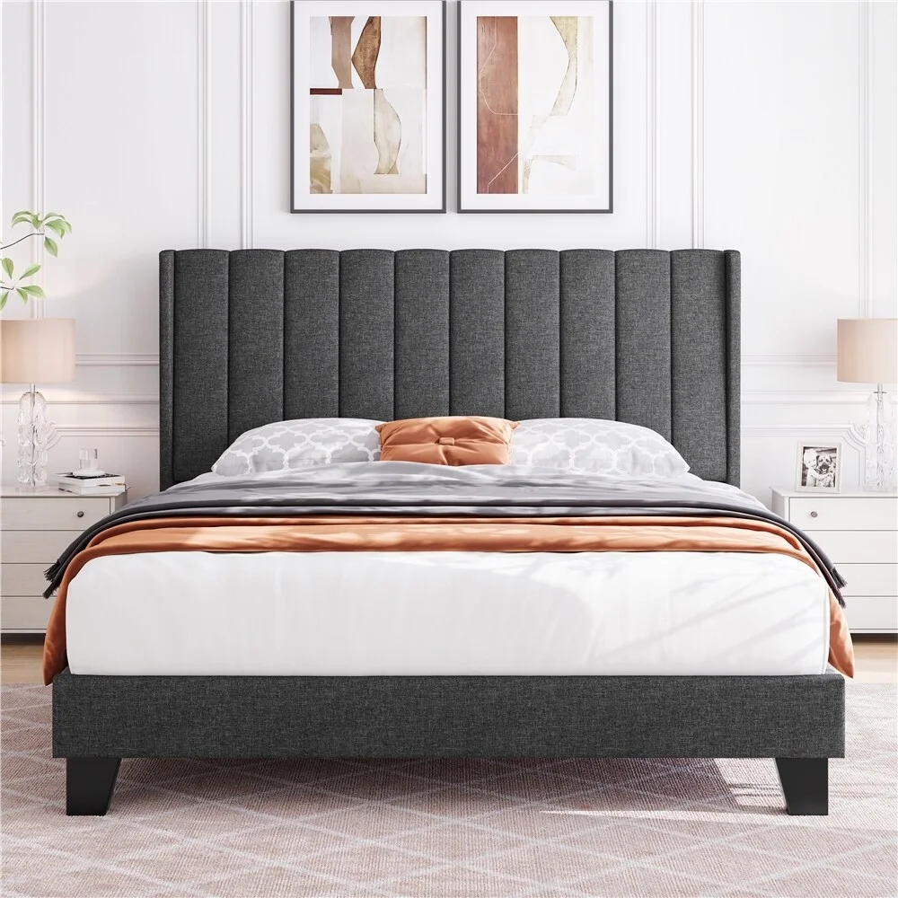 Yaheetech Upholstered Bed Frame with Wing Side Fabric Upholstered Bed with Headboard Dark Gray Full