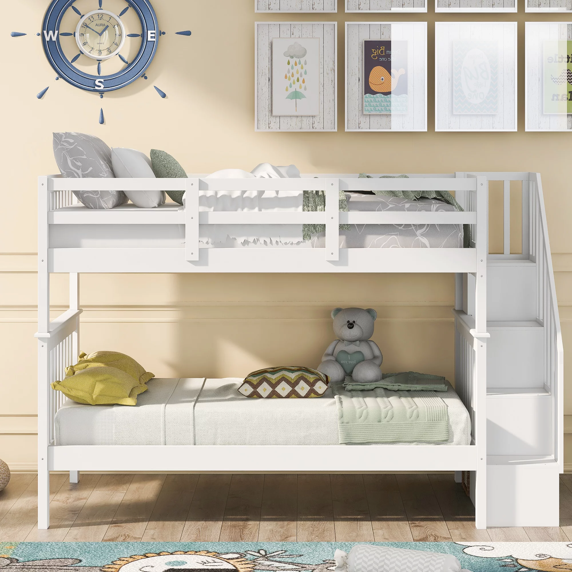 Twin-Over-Twin Stairway Bunk Bed with Storage and Guard Rail, Pine Wood Frame and Stairway for Kids, Teens, Boys and Girls, No Box Spring Needed for Bedroom, Dorm