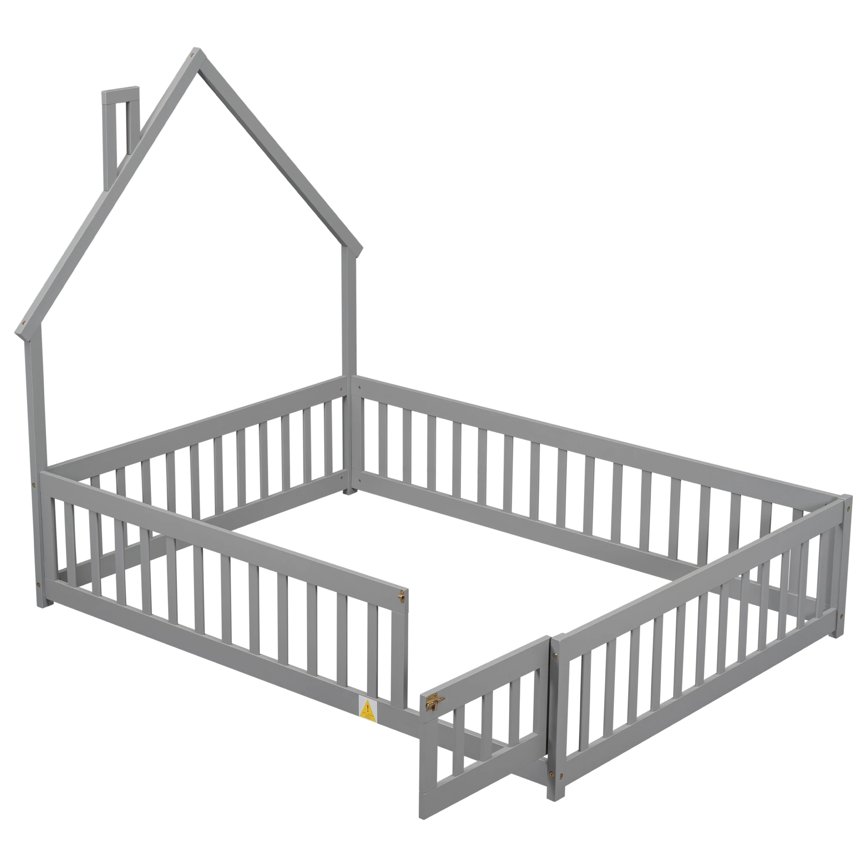 PAPROOS Full Size Floor Bed for Kids, Wood Toddler Floor Bed with Fence and Door, Full Floor Platform Bed with House-Shaped Headboard, Gray