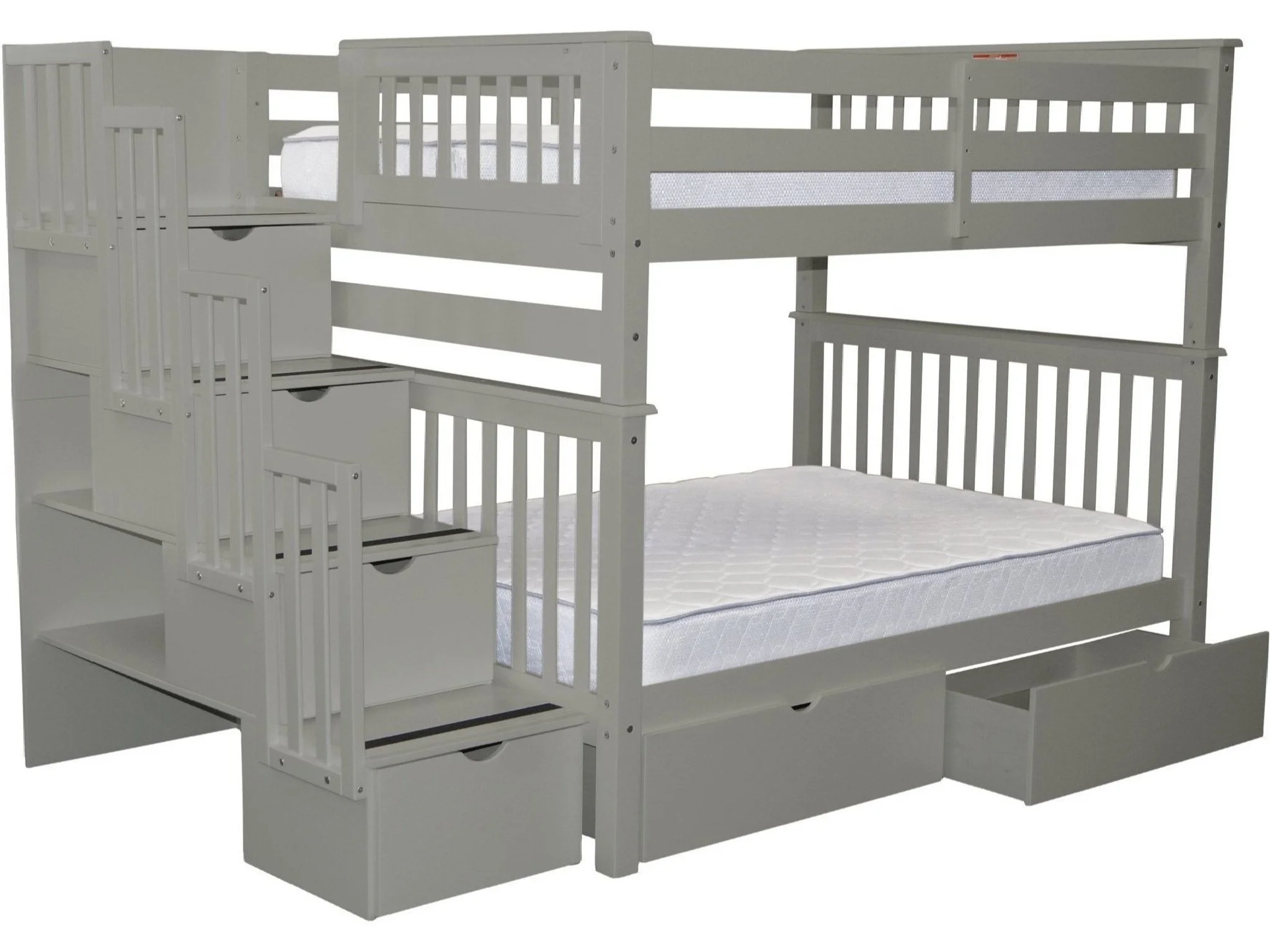 Bedz King Stairway Bunk Beds Full over Full with 4 Drawers in the Steps and 2 Under Bed Drawers, Gray