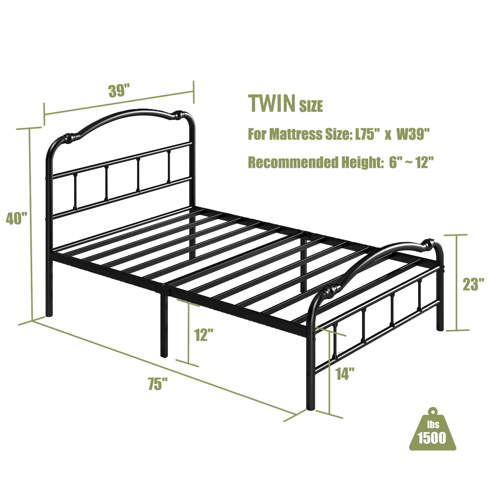ULIESC Twin Bed Frame with Headboard and Footboard, 14 Inch High, Heavy Duty Metal Platform Bed Frame Twin, No Box Spring Needed, Easy Assembly, Black