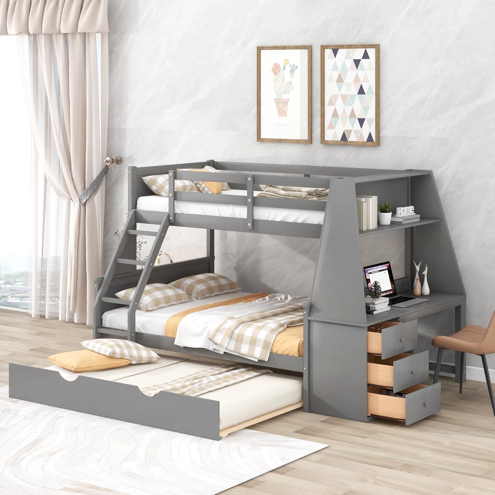 CoSoTower Twin Over Full Bunk Bed With Trundle And Built-In Desk, Three Storage Drawers And Shelf, Gray, Expected Arrival Time:11.1