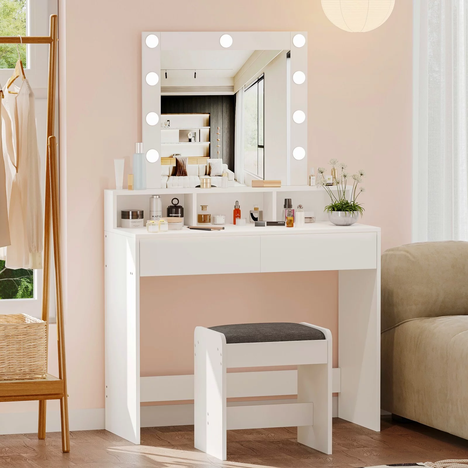 Reettic Vanity Table with Lighted Mirror, Makeup Vanity Desk Set with 2 Storage Drawers, Wooden Bedroom Dressing Table, 9 Lights & Adjustable Brightness, for Women, Mother, Girls, White